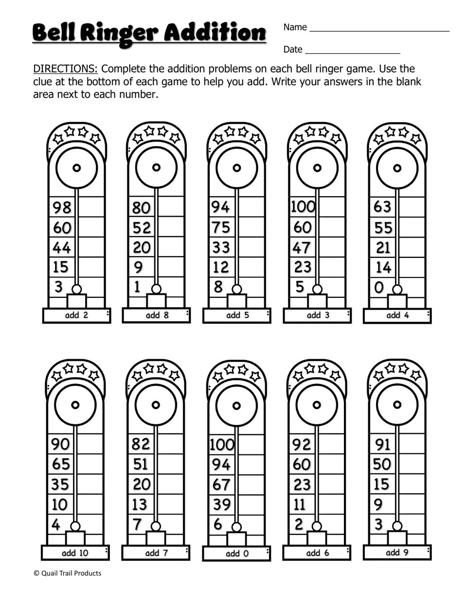 Bell Ringer Addition: students add the number shown at the base of each of 10 bell ringer games, such as add 2 or add 10
