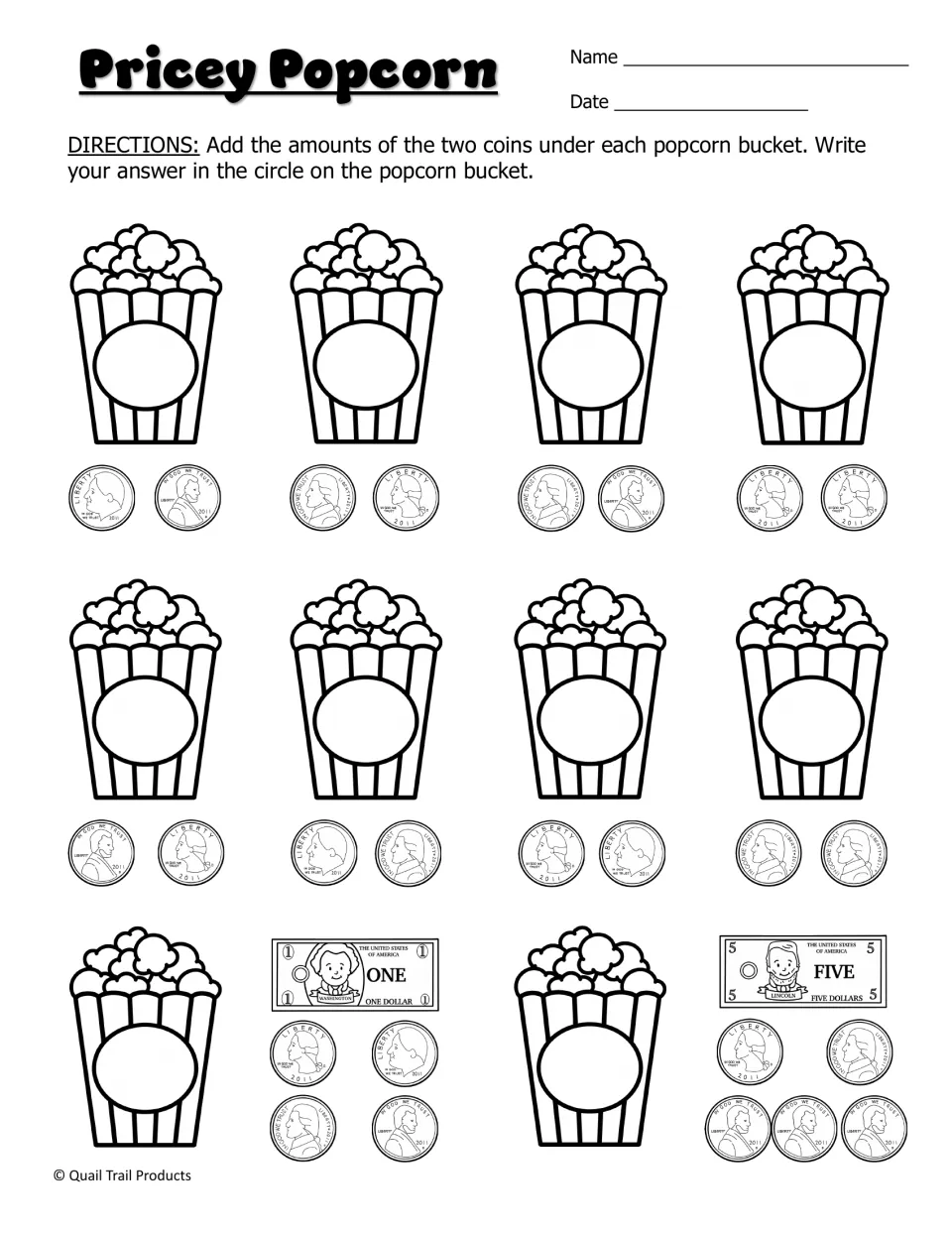 Pricey Popcorn: students count coins and bills under each popcorn bucket and write the total money amount in its circle
