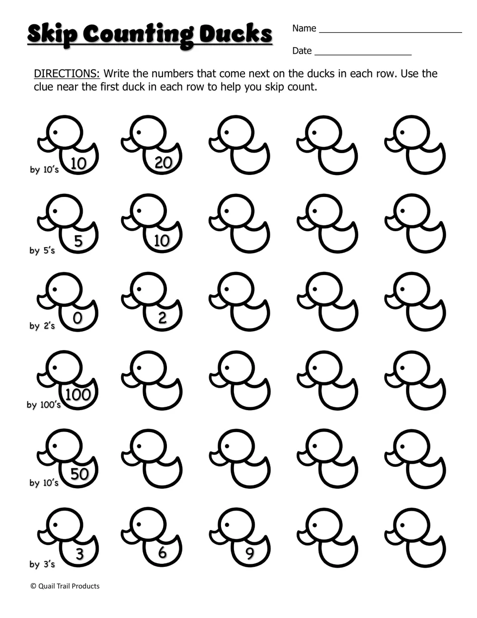 Skip Counting Ducks: students continue each row of ducks counting by 2s, 3s, 5s, 10s or 100s from the given start numbers