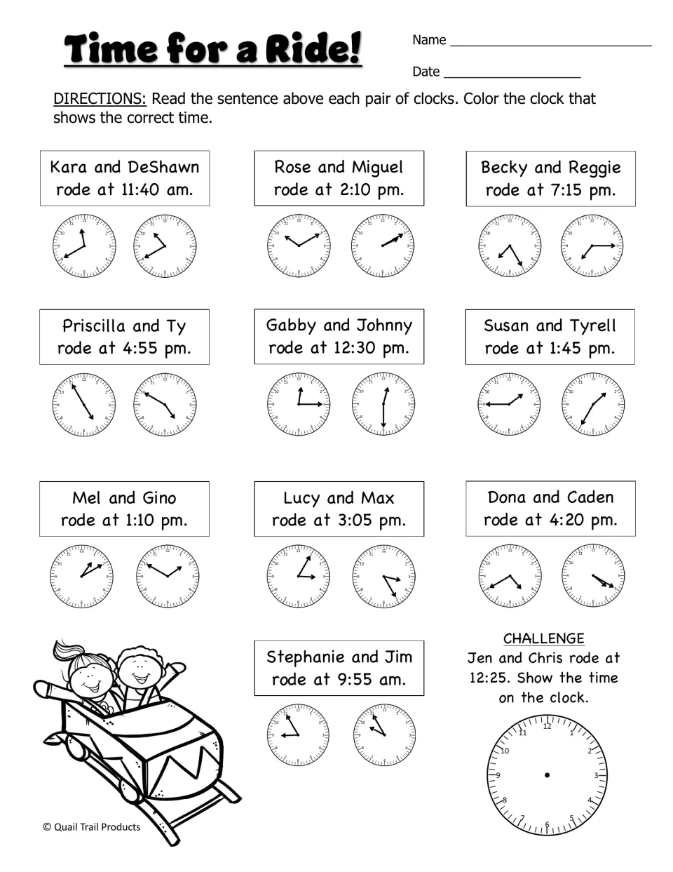 Time for a Ride!: students read each ride time and color the analog clock that matches, then draw hands to show 12:25