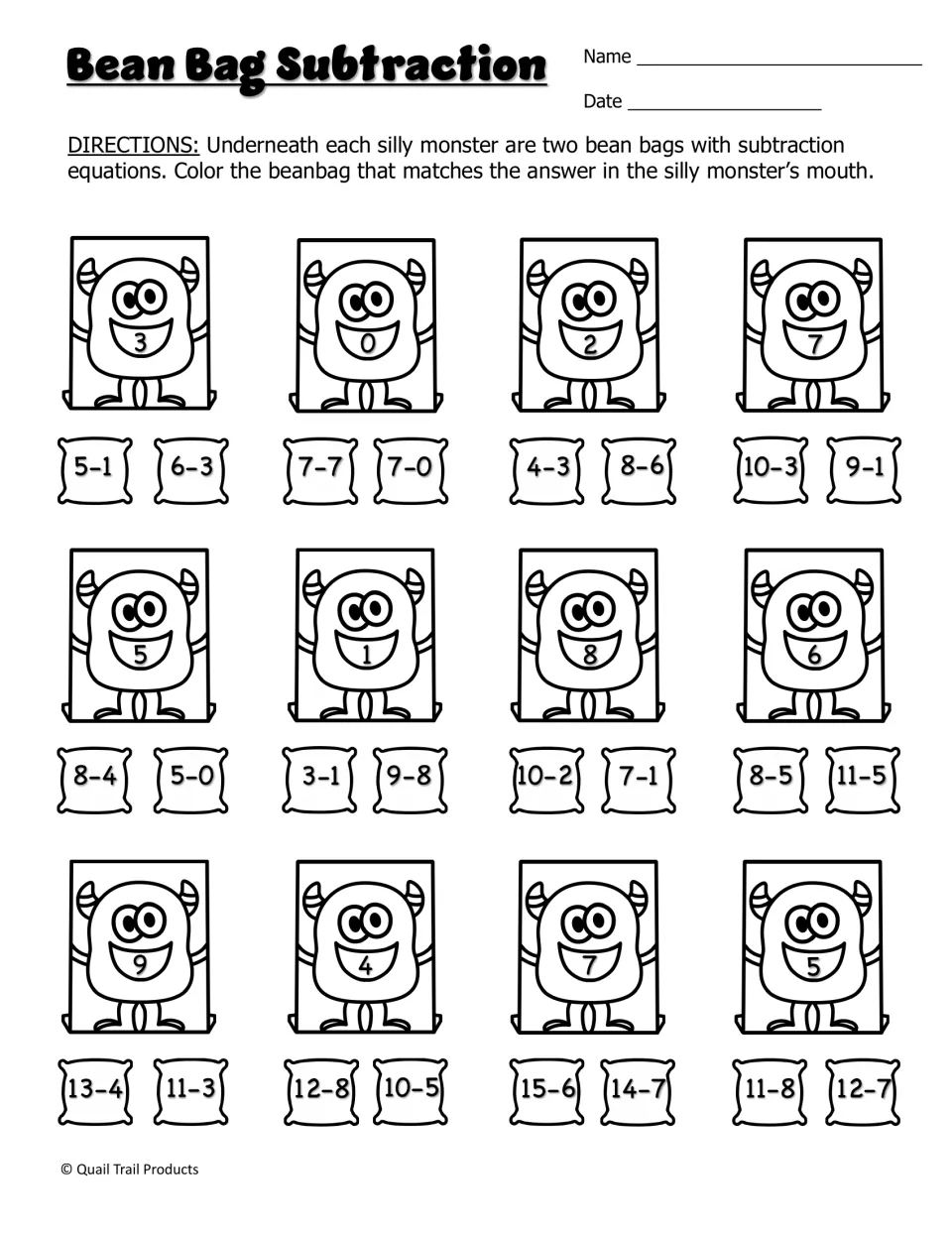 Bean Bag Subtraction: students color the bean bag whose subtraction fact matches the answer in each silly monster's mouth