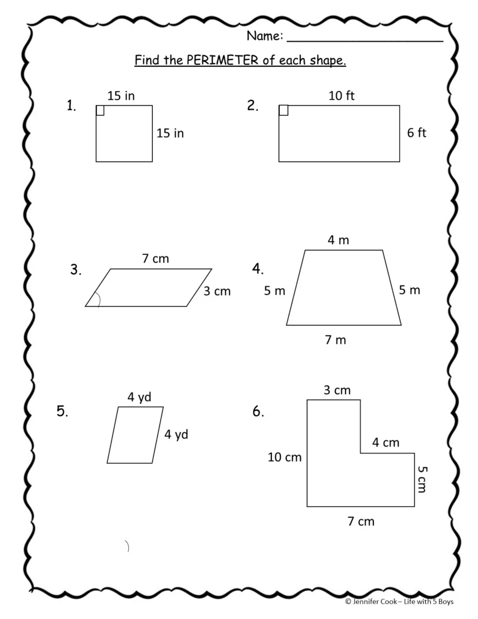 Perimeter practice: students add side lengths of 6 shapes, including a trapezoid and an L-shaped figure, in mixed units