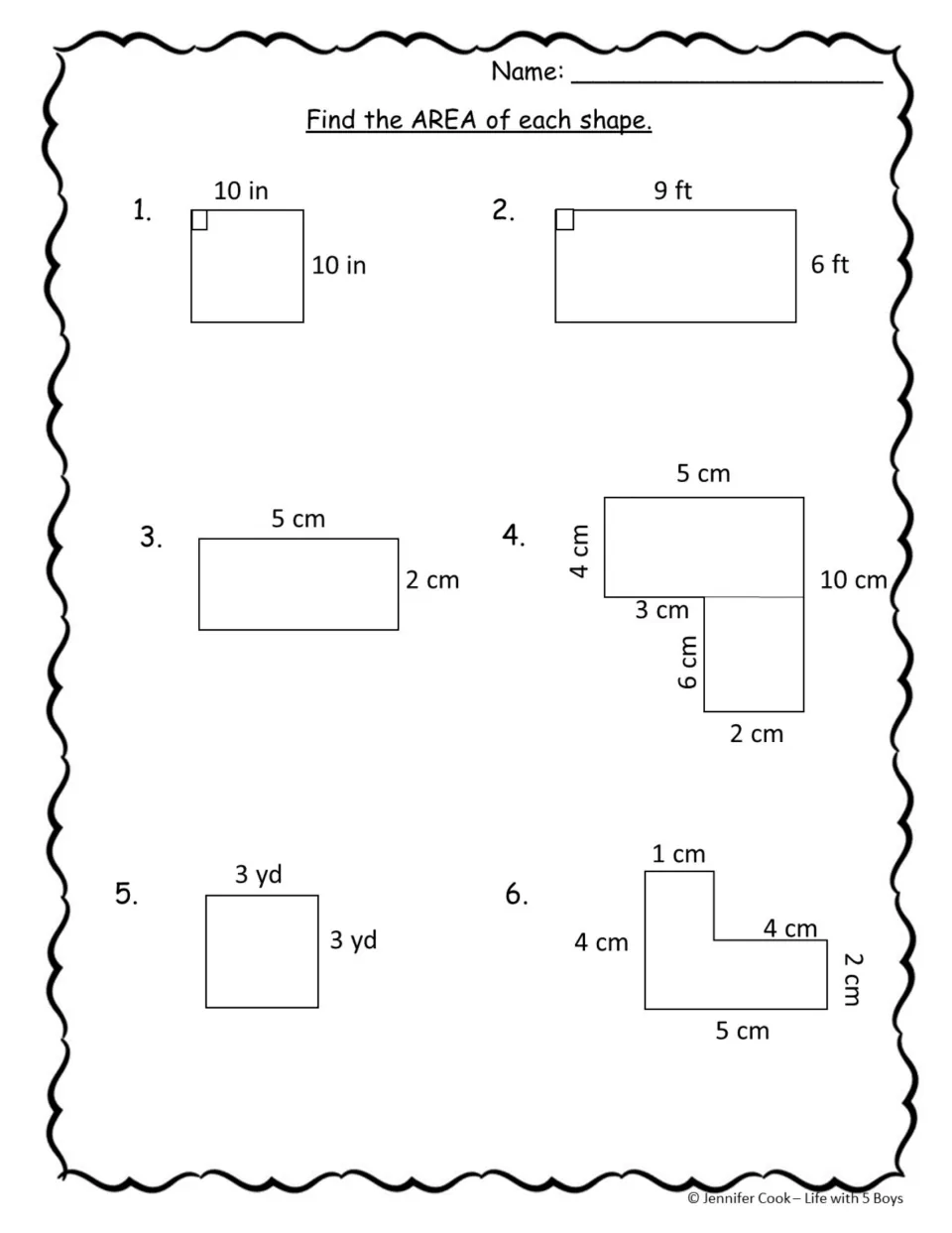 Area practice: students find the area of squares, rectangles and two L-shaped figures by multiplying labelled side lengths