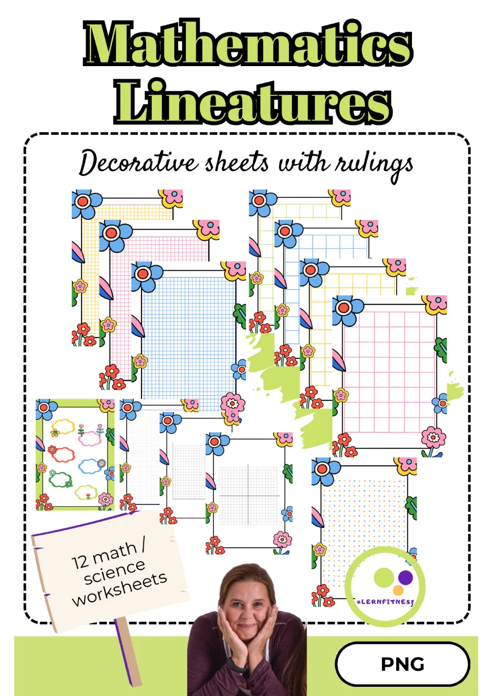 Mathematics Lineatures cover: decorative sheets with rulings, previewing 12 math/science sheets in squared and dot styles