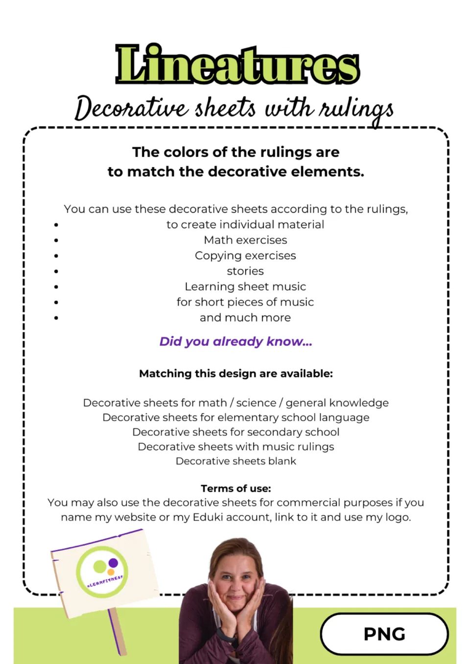 Lineatures notes: ruling colors match the floral art; suggested uses include math exercises, copying, stories and music