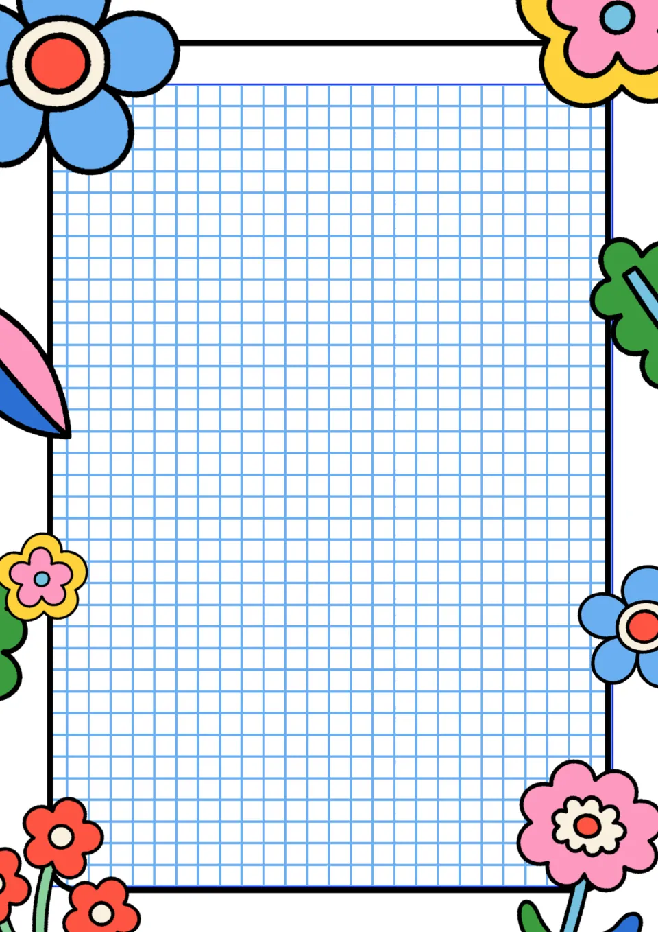 Blue small-square graph paper template framed by cartoon flowers, left blank for written calculations and graphing