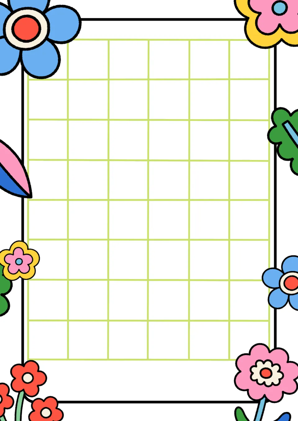 Green large-square paper, 6 across by 8 down, in a cartoon flower frame, blank for big numerals or one digit per square