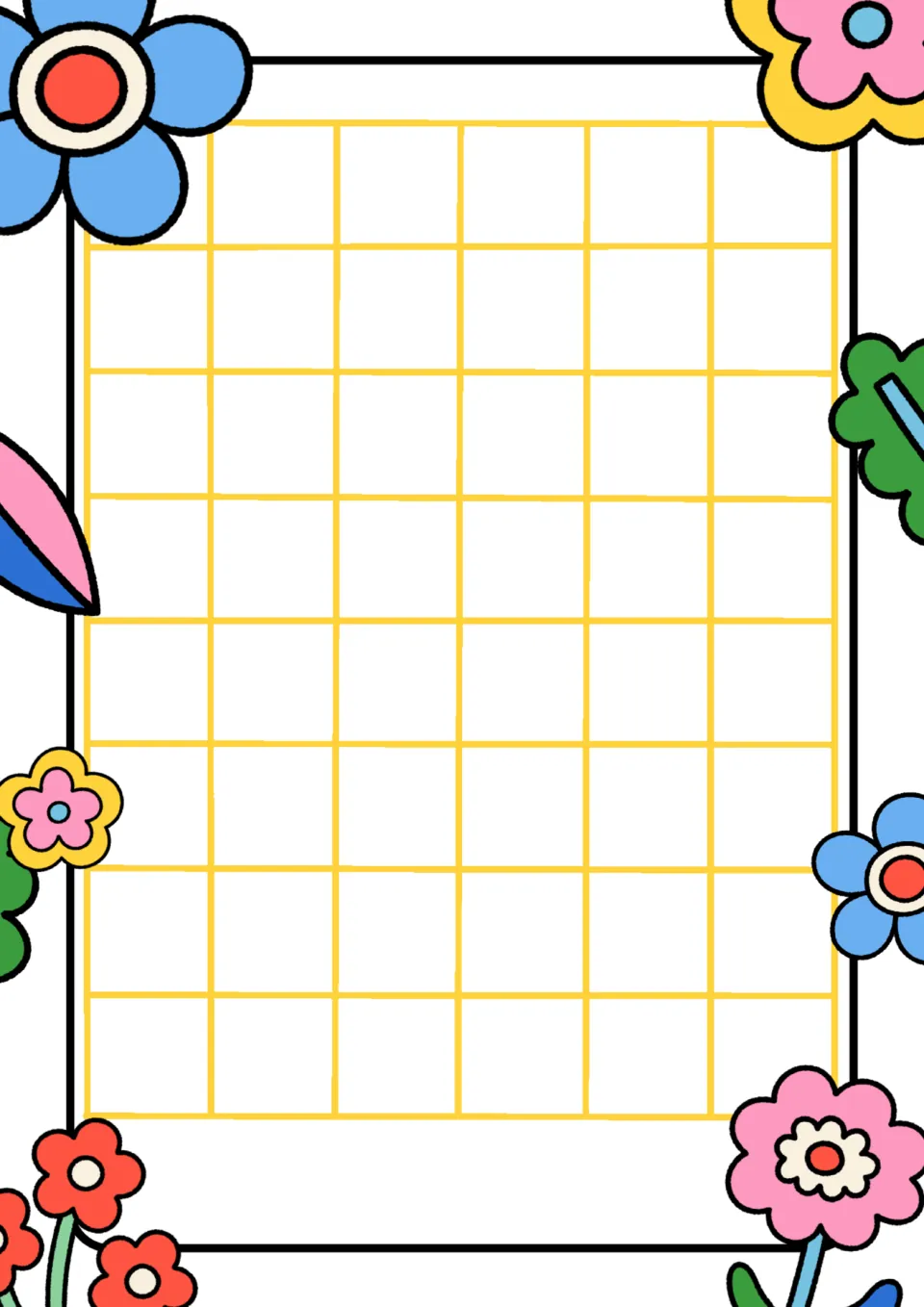 Yellow large-square paper with 48 squares in a floral frame, left blank for copying numbers, sorting or simple tally work