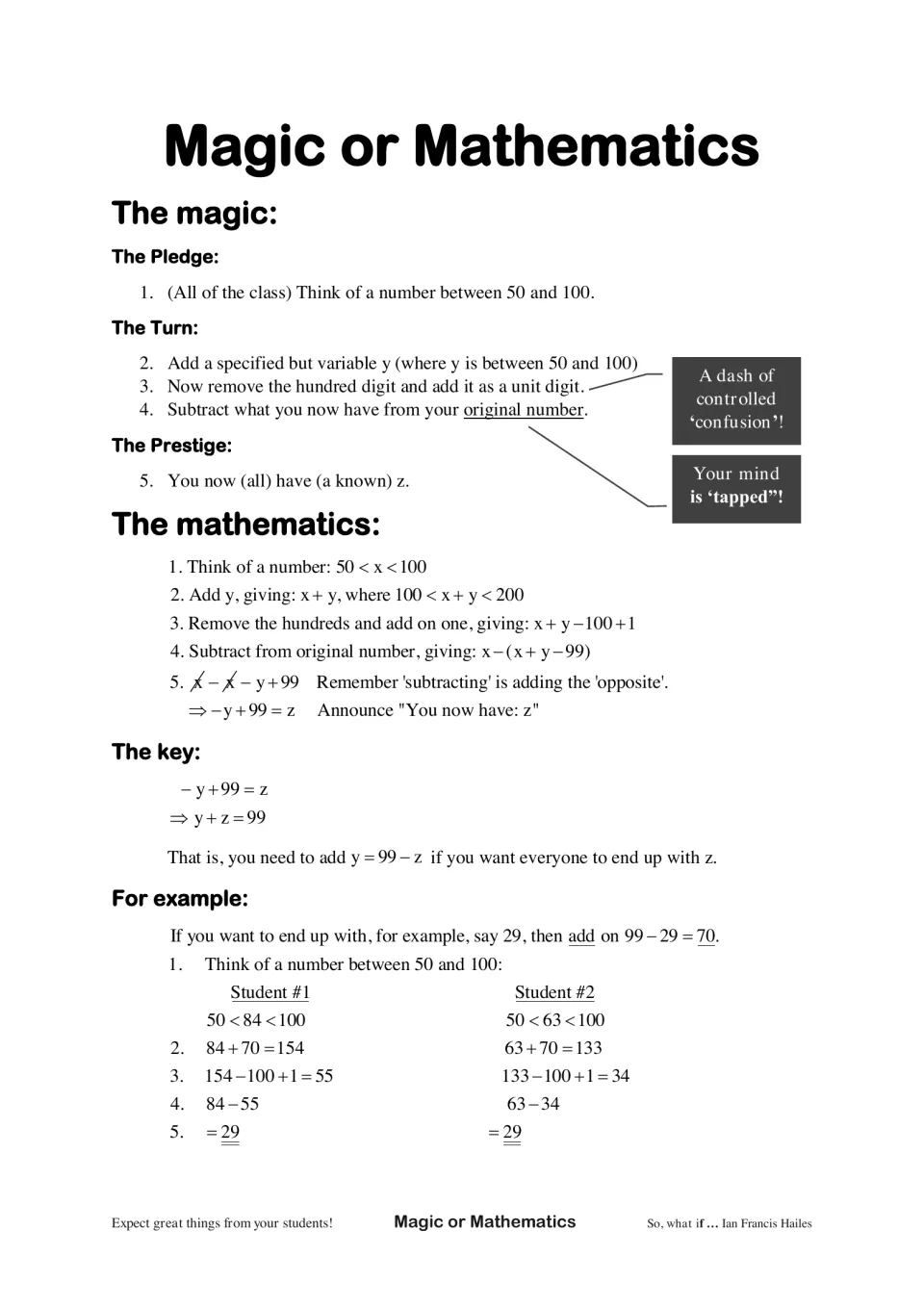 Number trick: class picks a number from 50 to 100 and follows 5 steps; algebra proves the result is 99 - y, with 2 examples