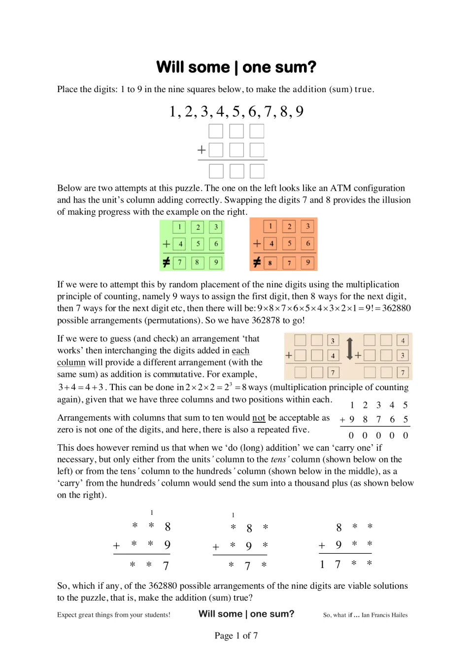 Will some one sum? puzzle: place digits 1 to 9 in a three-digit addition, counting 9! = 362880 orders and when to carry