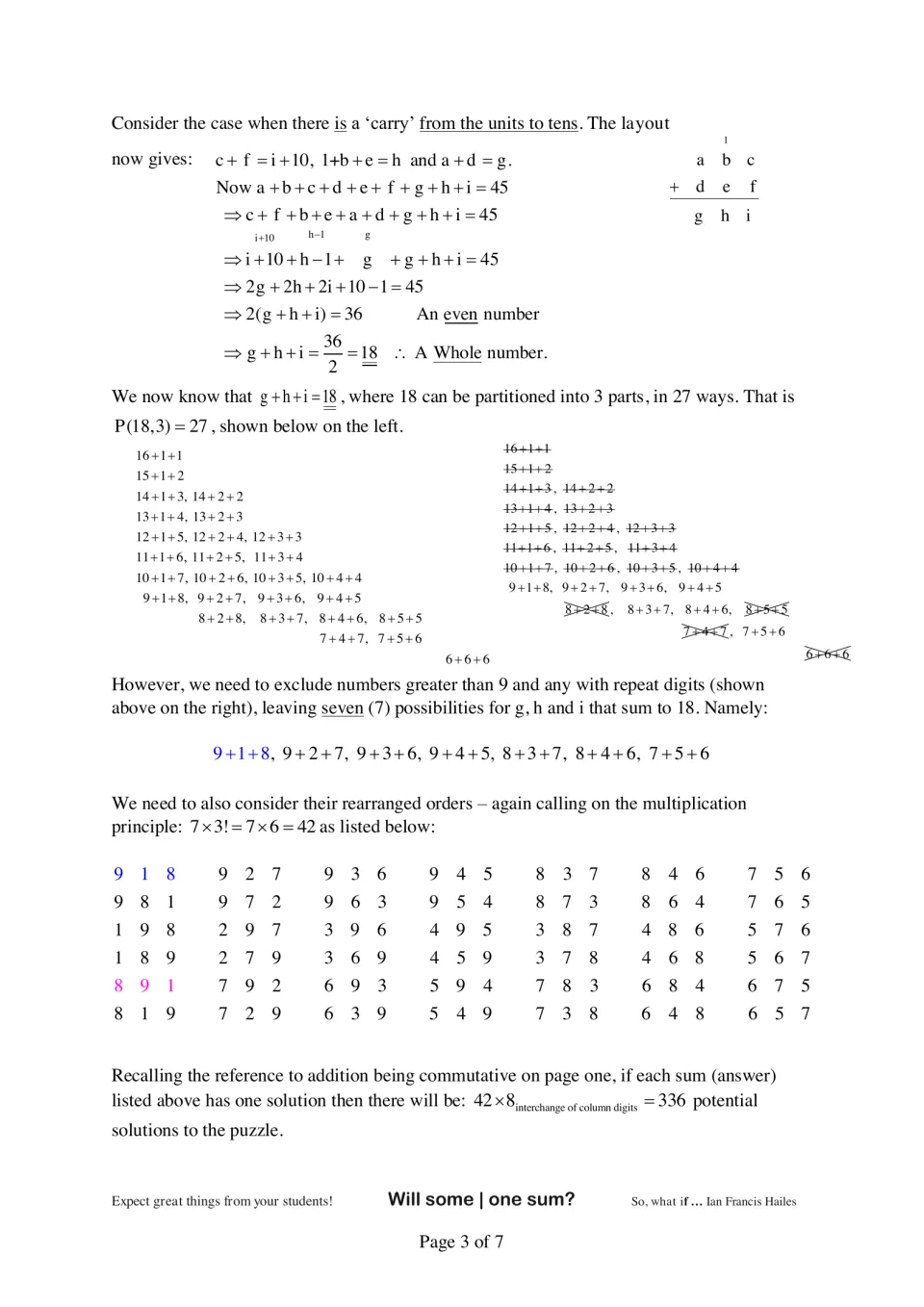 Carry from units to tens: answer digits total 18; partitions of 18 into 3 parts filter to 7, giving 42 ordered sums