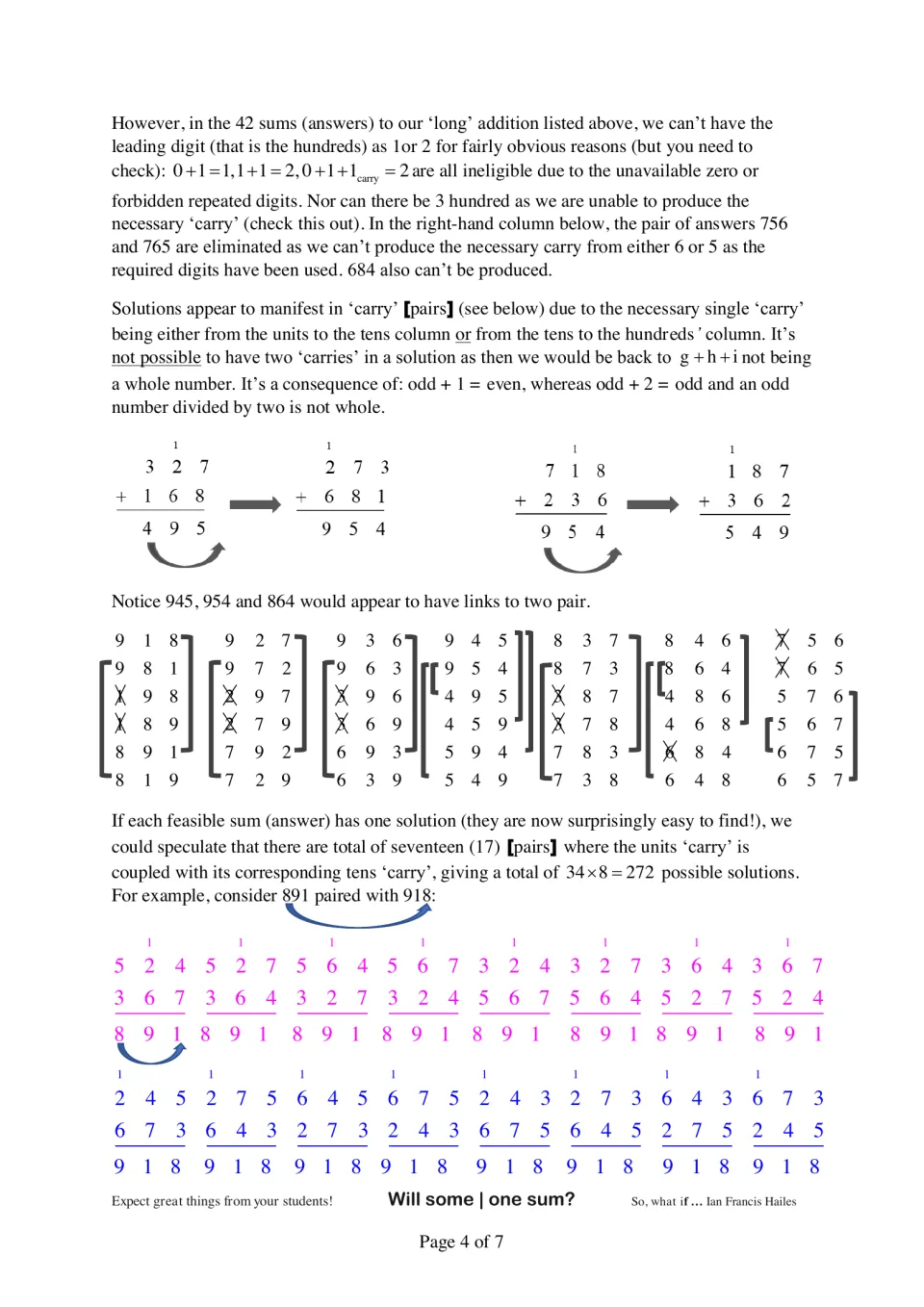 Ruling out impossible sums and pairing carry solutions, with 16 colored additions that total 891 and 918 as examples