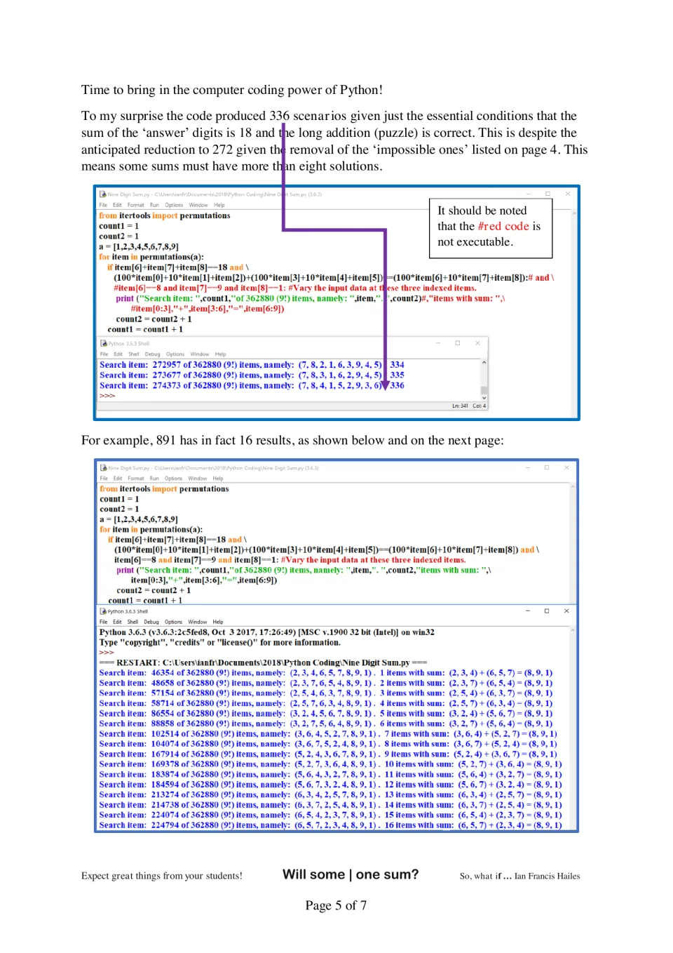 Python permutations code searching all 362880 digit orders finds 336 solutions, including 16 that total 891
