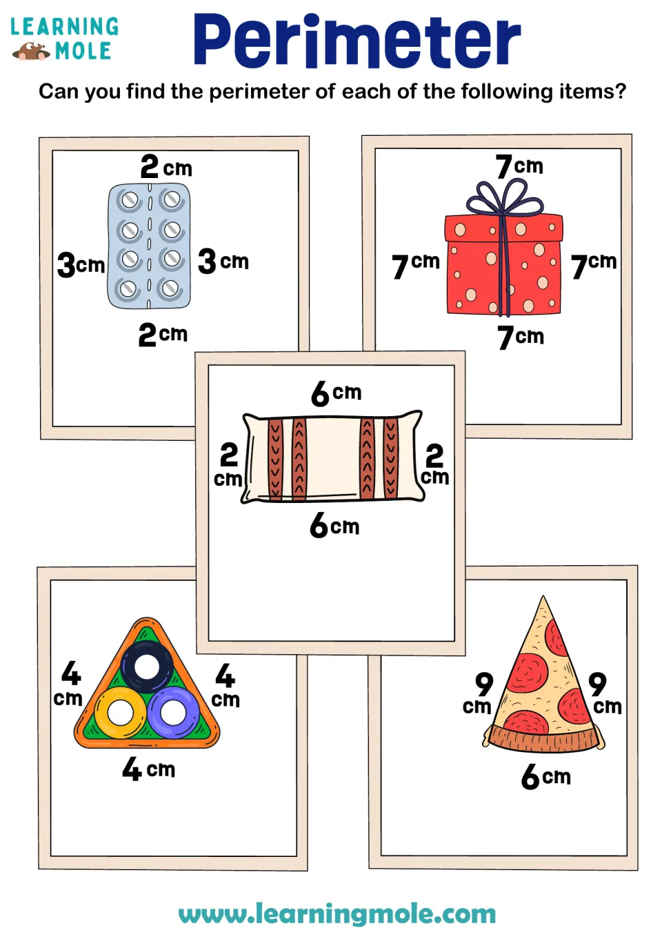 Perimeter practice: students add the cm side lengths of a pill pack, gift box, pillow, triangle and pizza slice