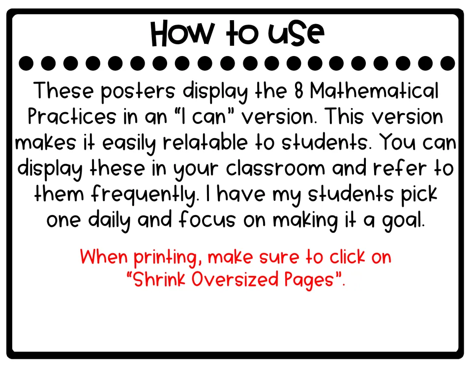 How-to page for the eight posters: display in class, choose a daily goal, and select “Shrink Oversized Pages.”