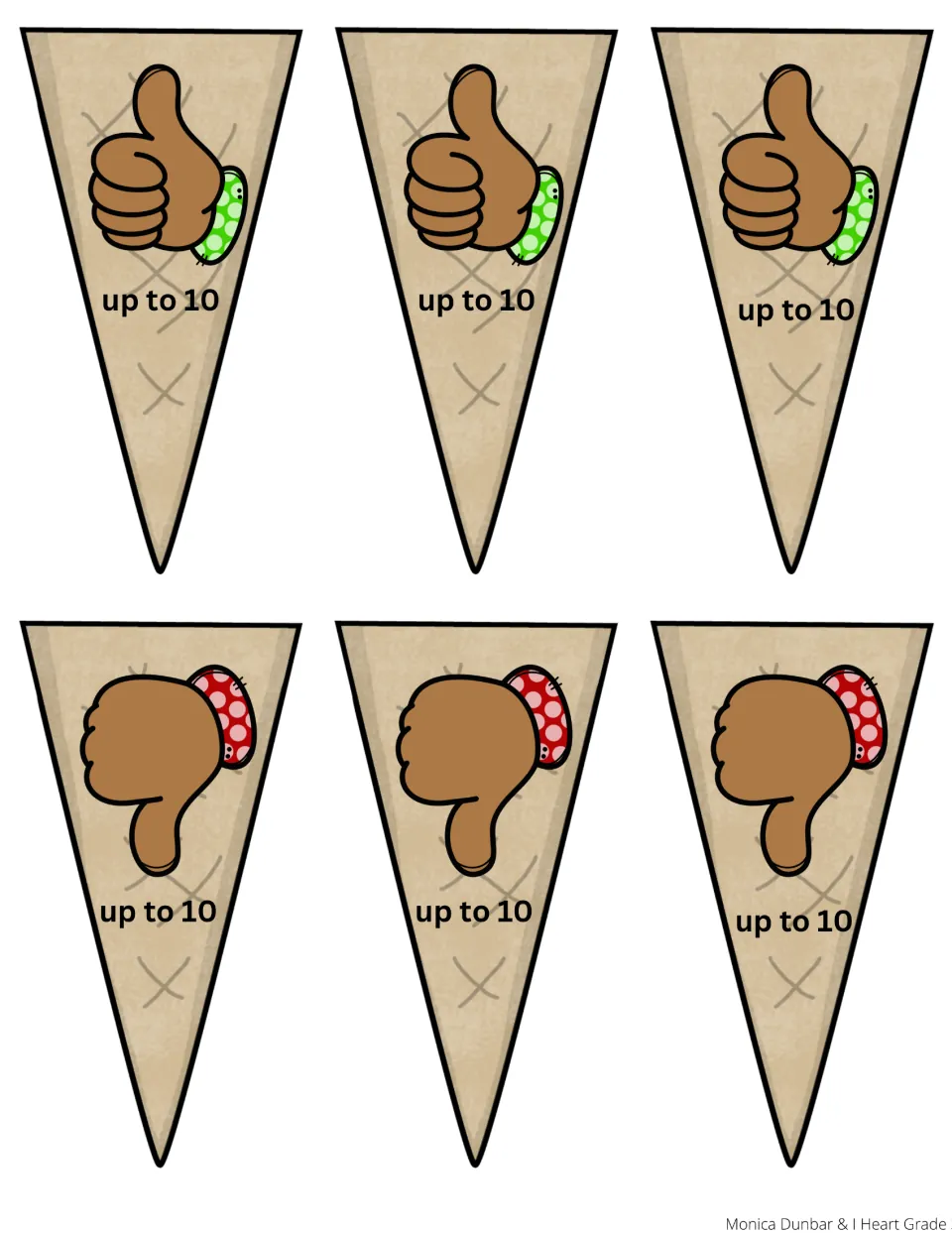 Cut-out cones for comparing numbers up to 10: three thumbs-up cones for true statements and three thumbs-down for false