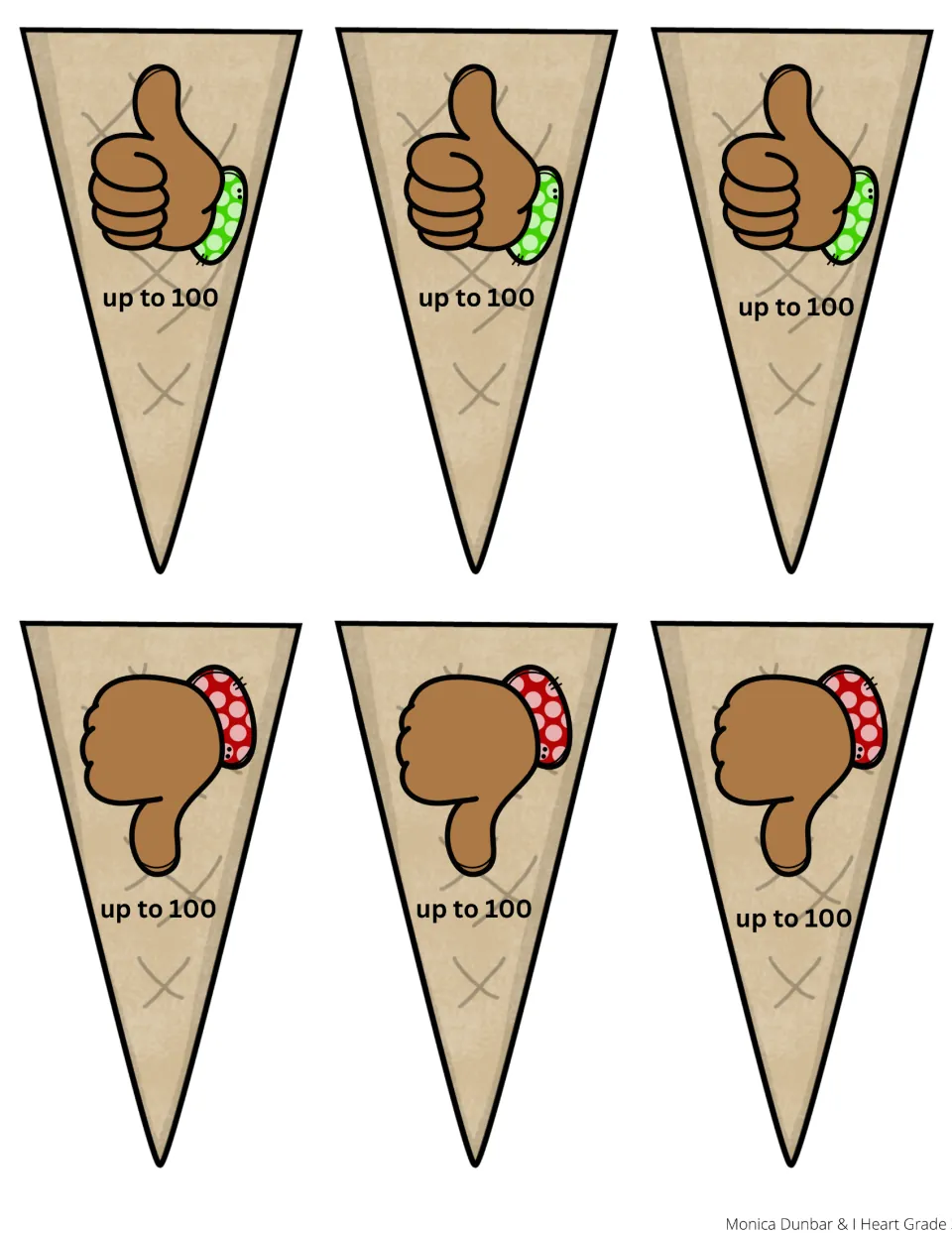 Cut-out cones for comparing numbers up to 100: students stack true comparisons on thumbs-up cones, false on thumbs-down