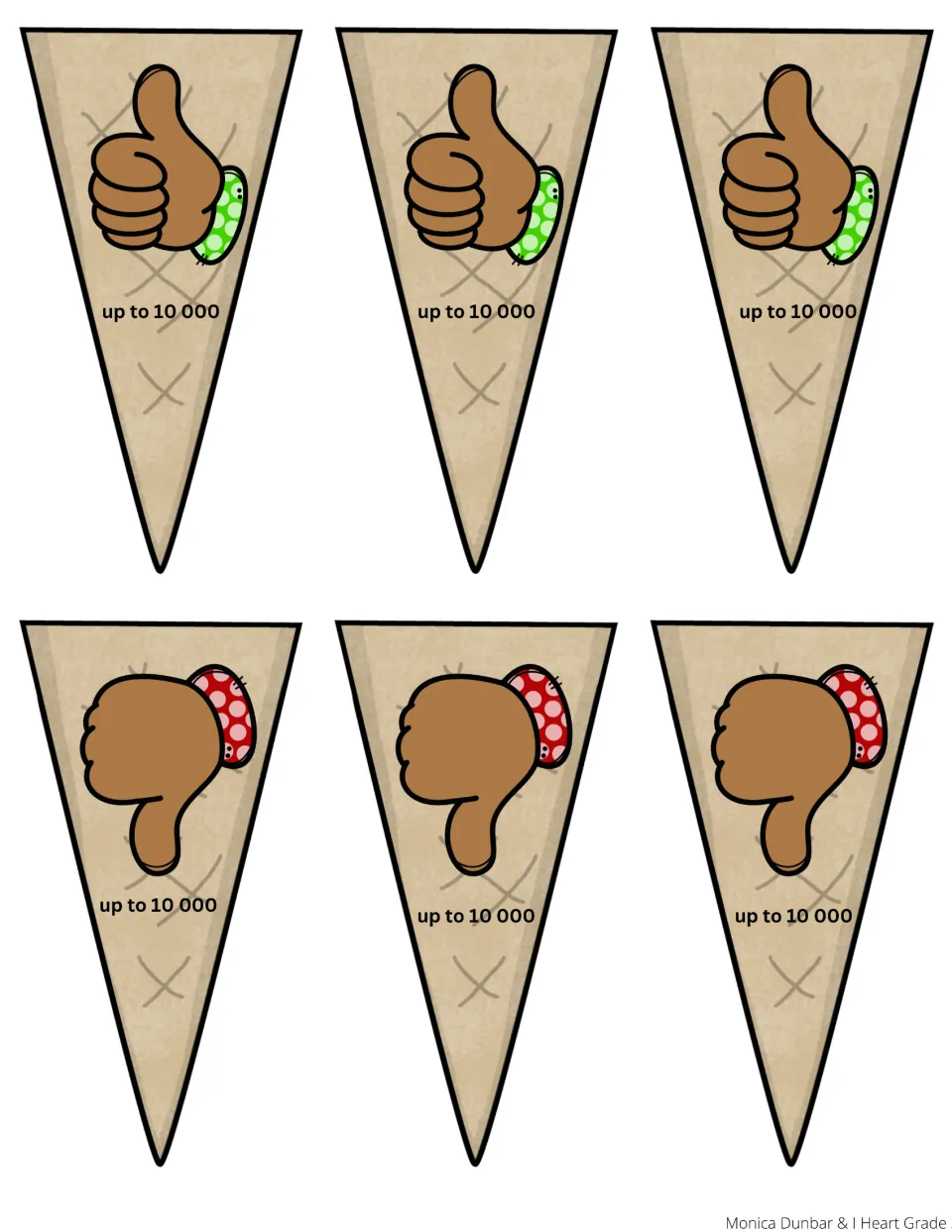 Cut-out cones labeled up to 10 000 for judging comparisons: three thumbs-up cones for true and three thumbs-down for false