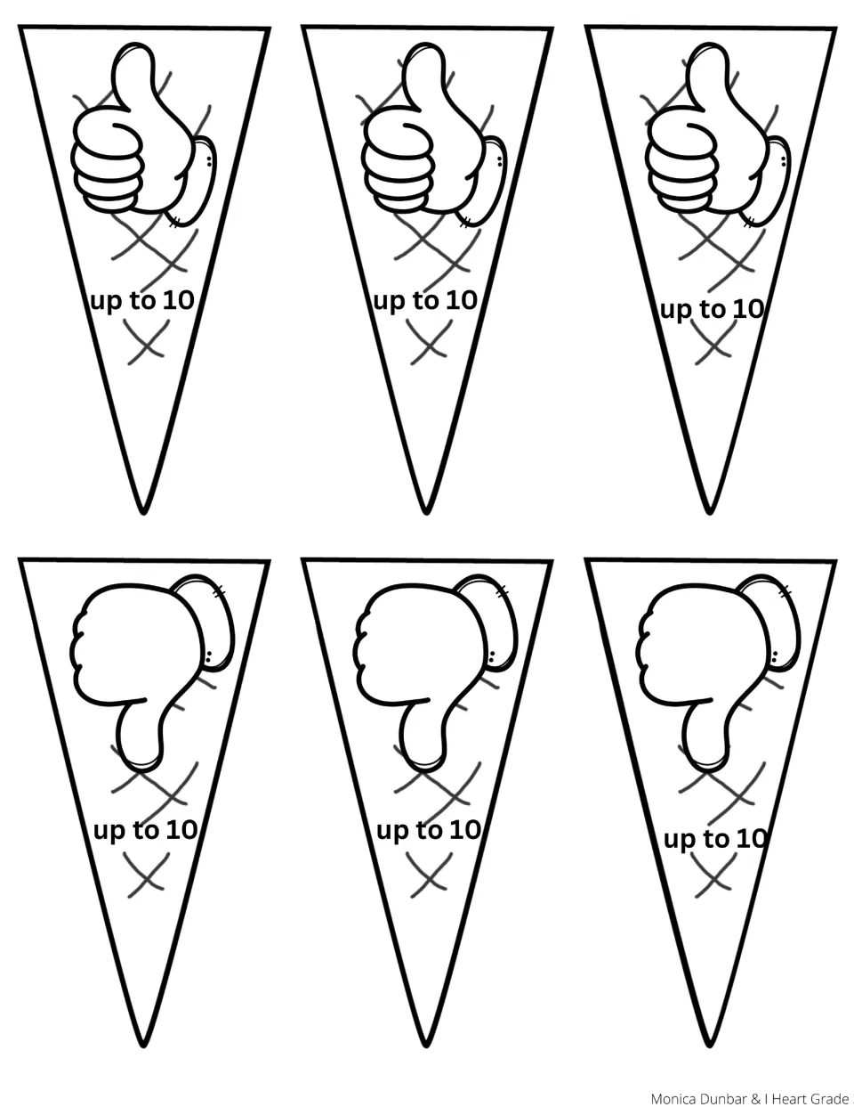 Black-and-white cut-out cones for comparing numbers up to 10, with thumbs-up cones for true and thumbs-down for false