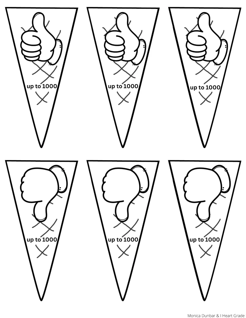 Black-and-white cut-out cones labeled up to 1000, three thumbs-up and three thumbs-down, for checking number comparisons