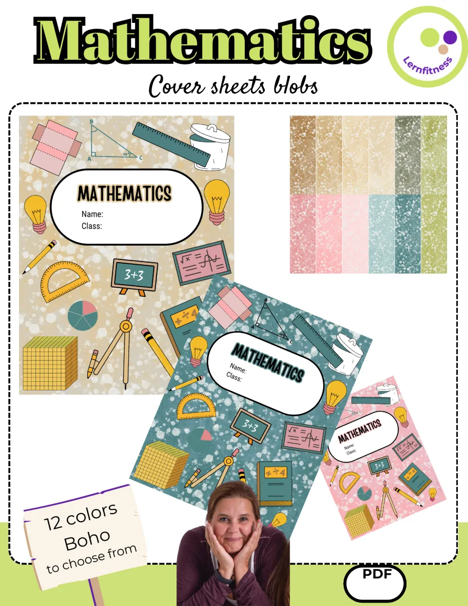 Math binder cover collection title page showing sample covers and advertising 12 boho color choices