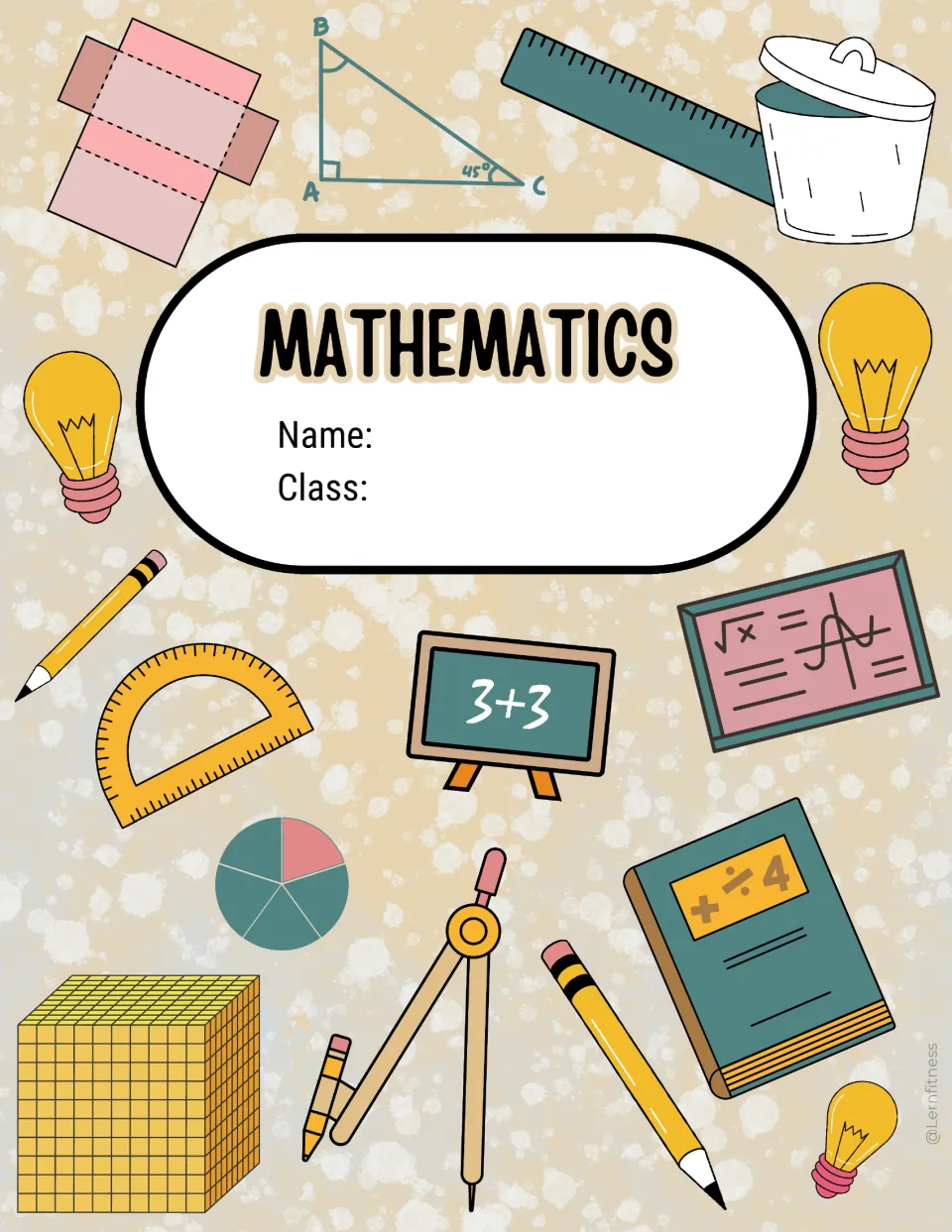 Pale cream math binder cover sheet headed “Mathematics,” with spaces for the student's name and class
