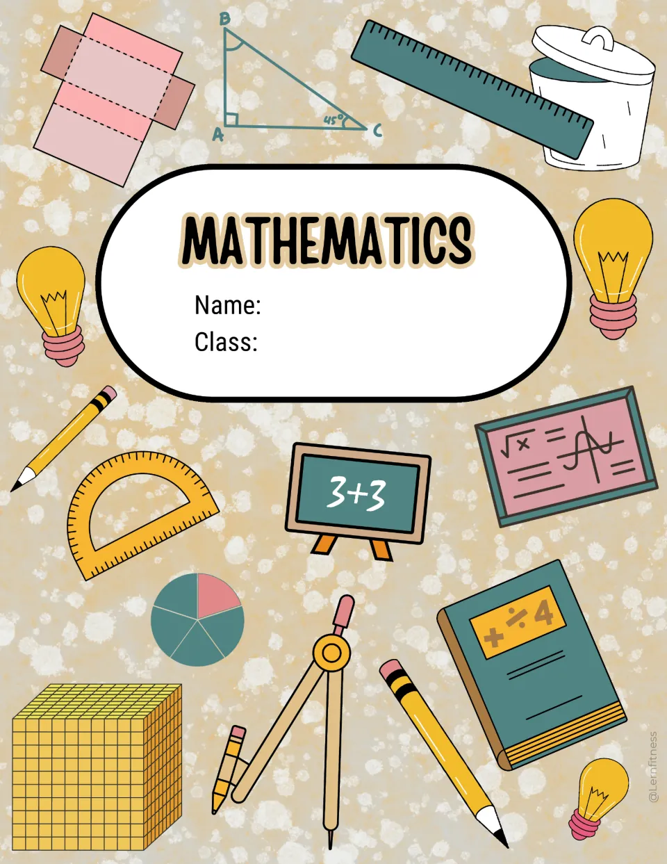 Light beige math binder cover sheet headed “Mathematics,” with spaces to add a student's name and class
