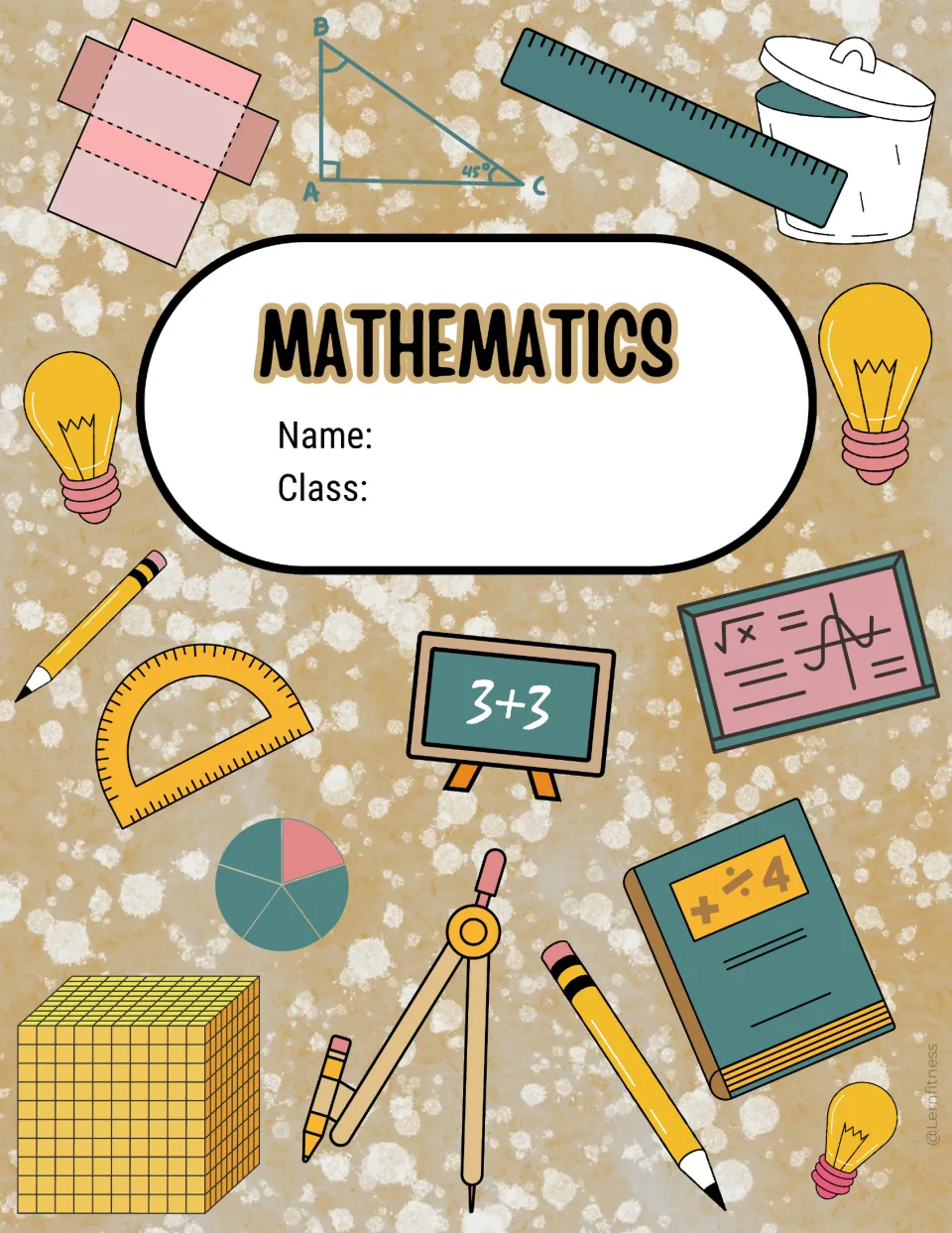 Tan math binder cover sheet featuring the heading “Mathematics” and fields for a student's name and class
