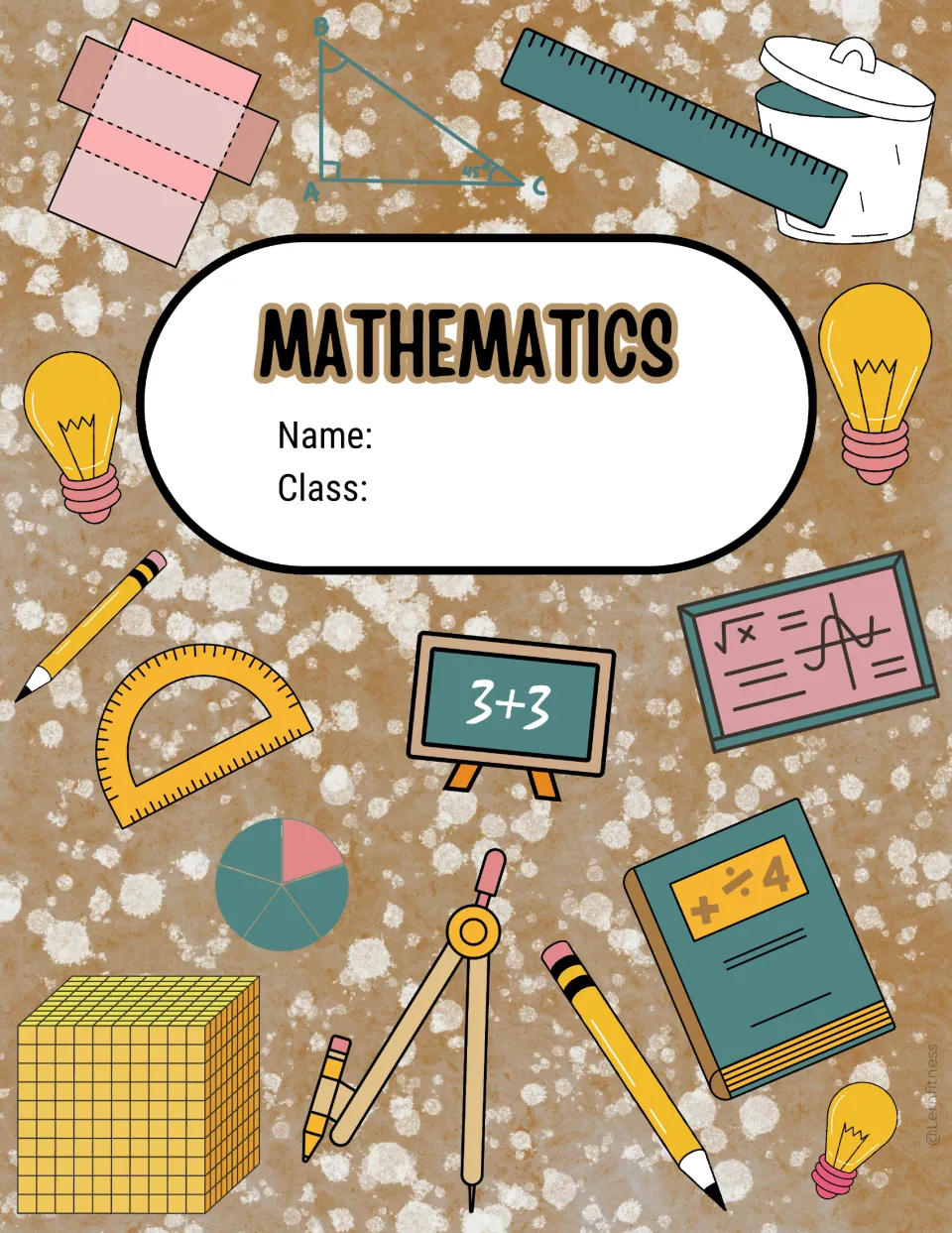 Brown math binder cover sheet featuring the heading “Mathematics” and spaces for student name and class