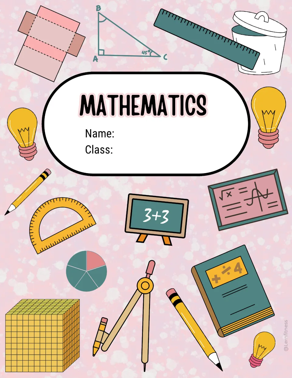 Pale pink math binder cover sheet labeled “Mathematics,” with fields for the student's name and class