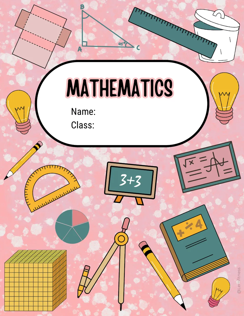 Rose pink math binder cover sheet labeled “Mathematics,” with spaces to enter a student's name and class