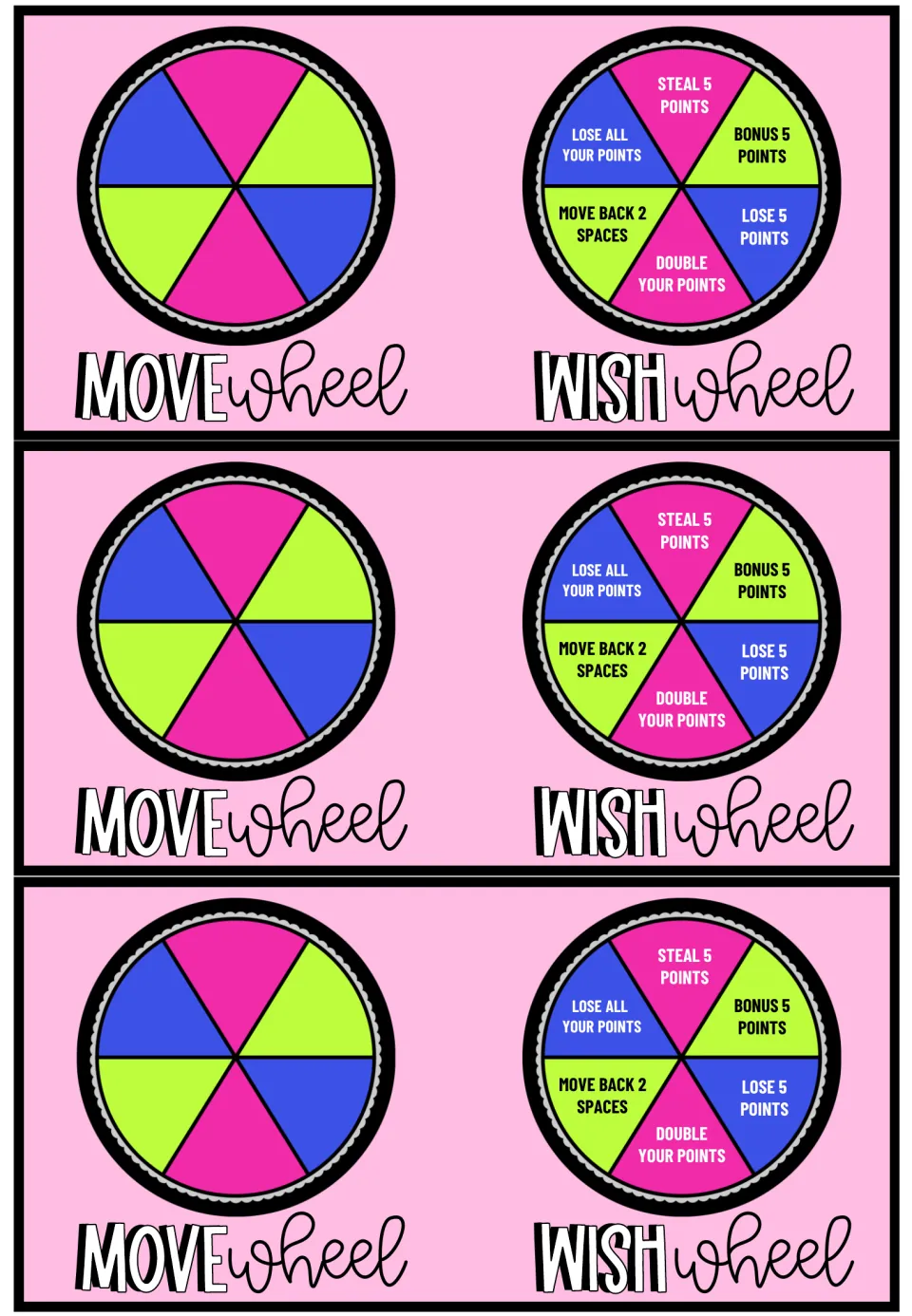 Addition game spinner sheet: three move-and-wish pairs with color choices and six point or movement actions