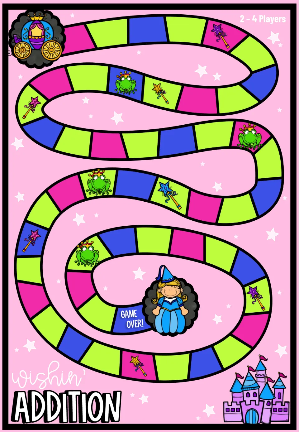 Addition game board for 2–4 players, with unnumbered color spaces, frog and wand spaces, and a game-over space