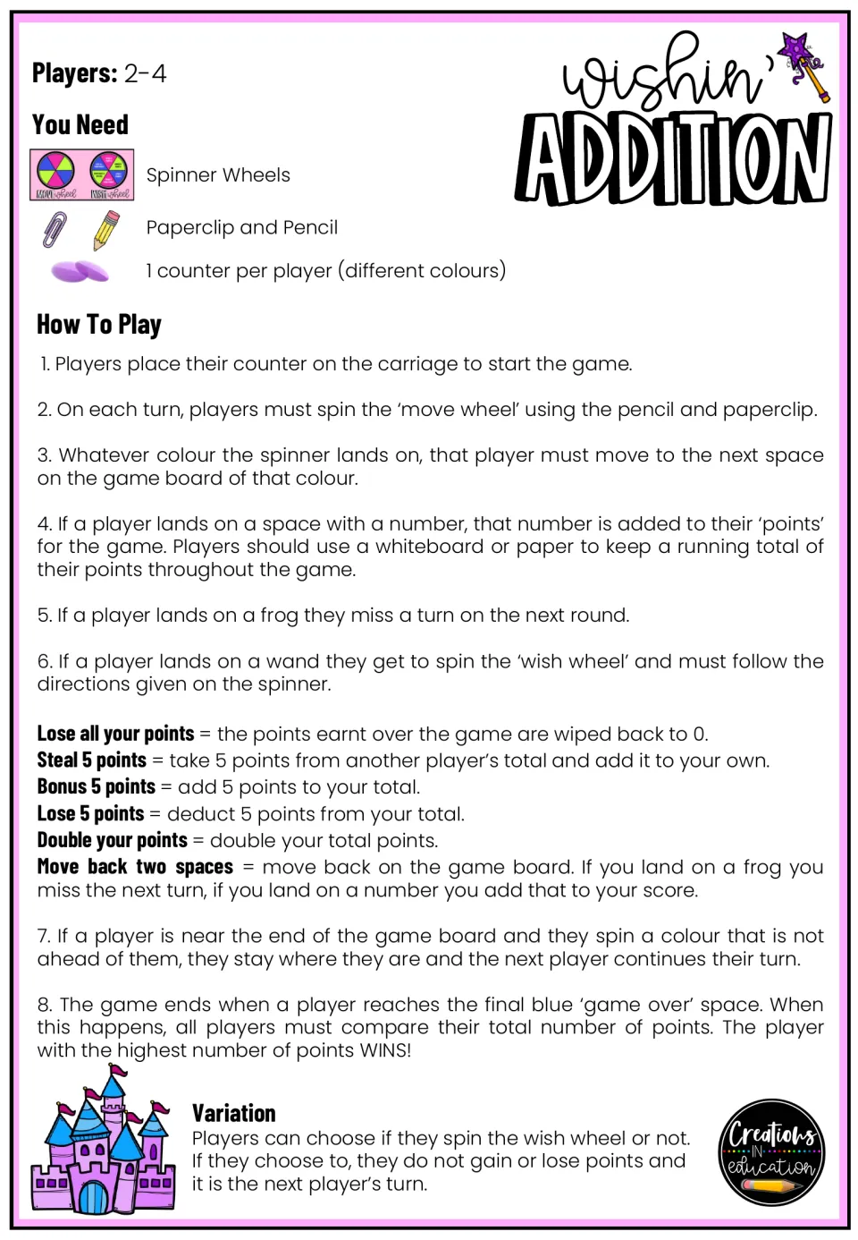 Numbered addition game instructions: add space values, skip turns on frogs, and spin the wish wheel on wands