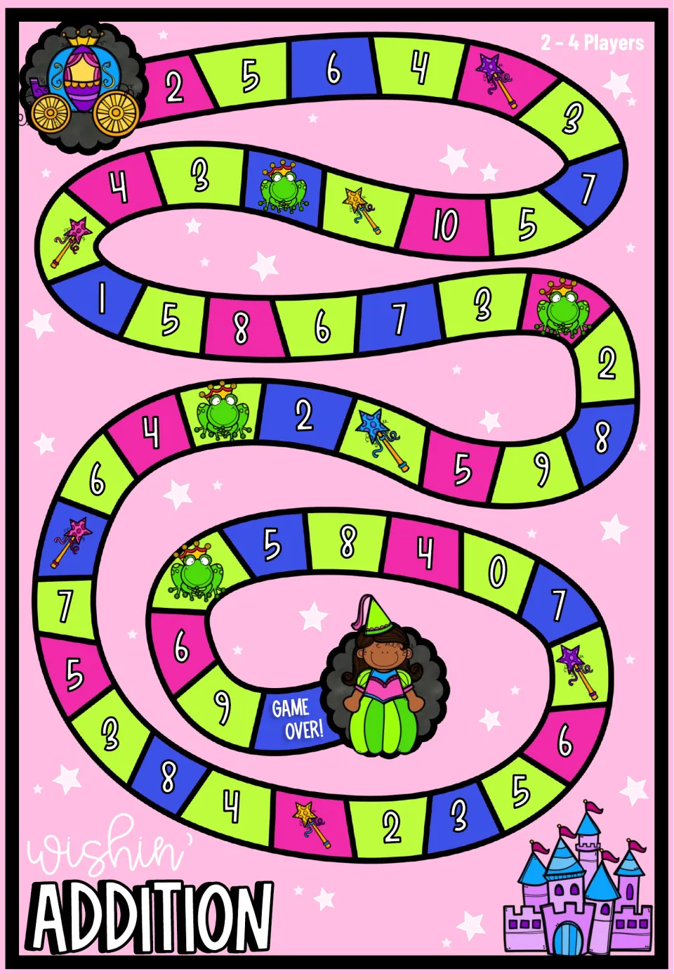 Alternate addition game board repeats the 0–10 values, with frog and wand spaces along the color path