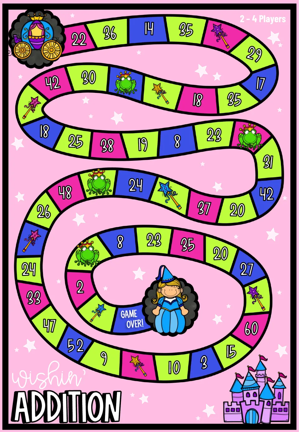 Addition game board for 2–4 players with values from 2 to 60, including 22, 36, 14, and 35 at the start