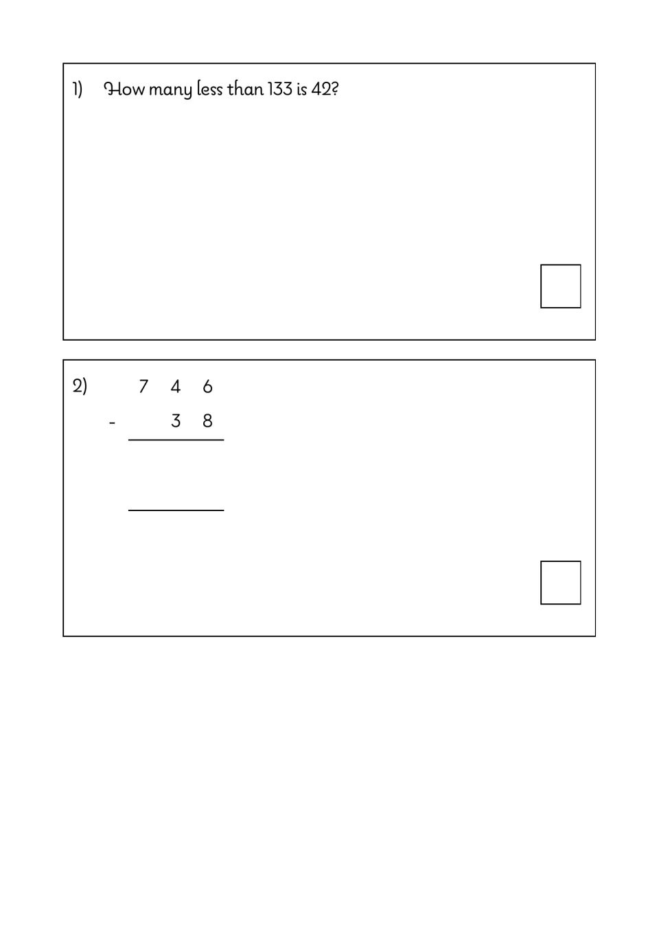 Subtraction questions: students find how many less than 133 is 42, then solve the column subtraction 746 minus 38