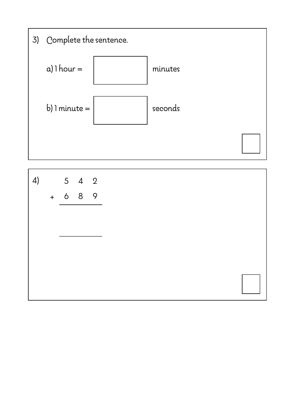 Time facts and addition: students fill in minutes in an hour and seconds in a minute, then add 542 and 689 in columns