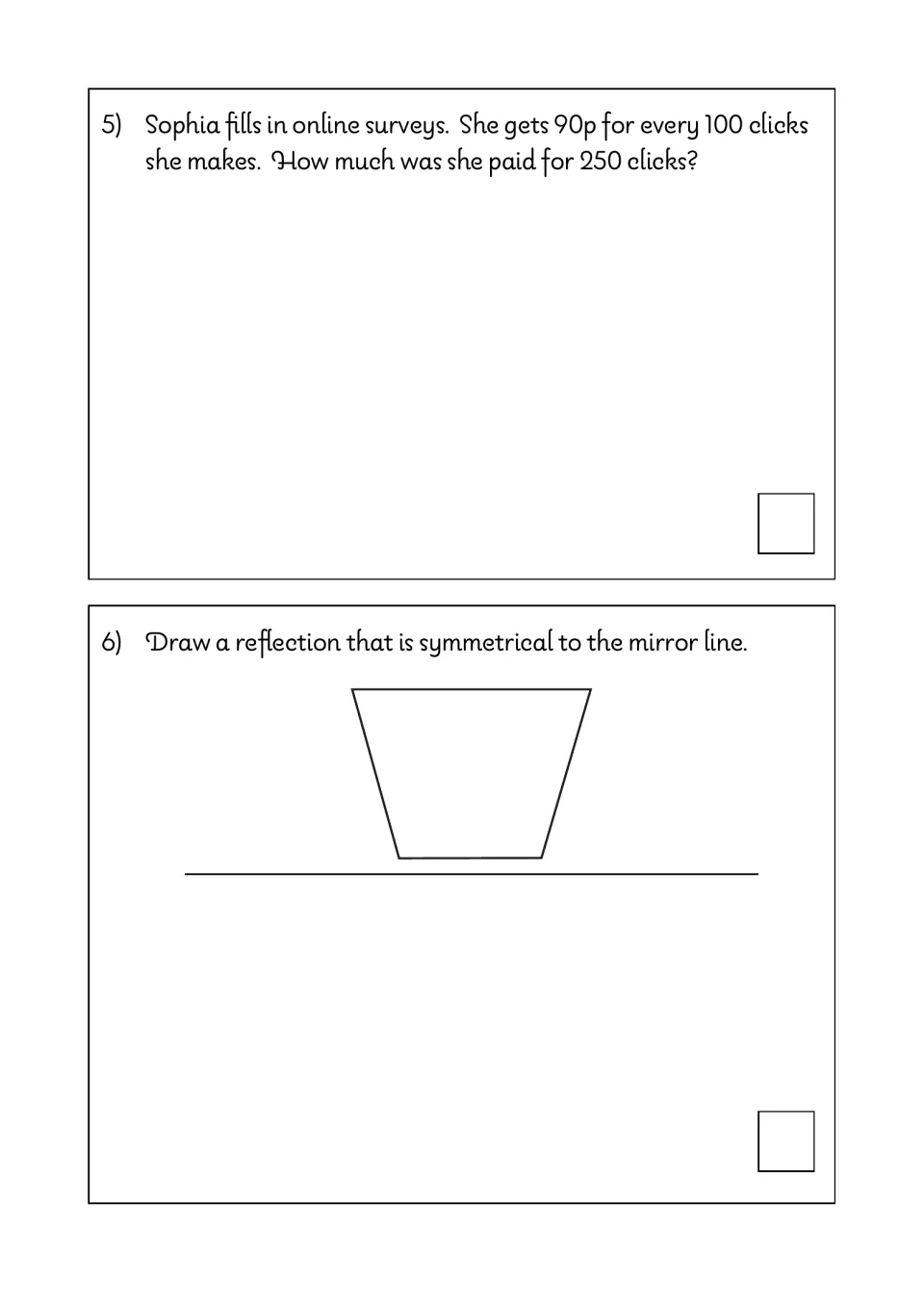 Money problem and reflection: students work out pay for 250 clicks at 90p per 100, then reflect a trapezium in a mirror line