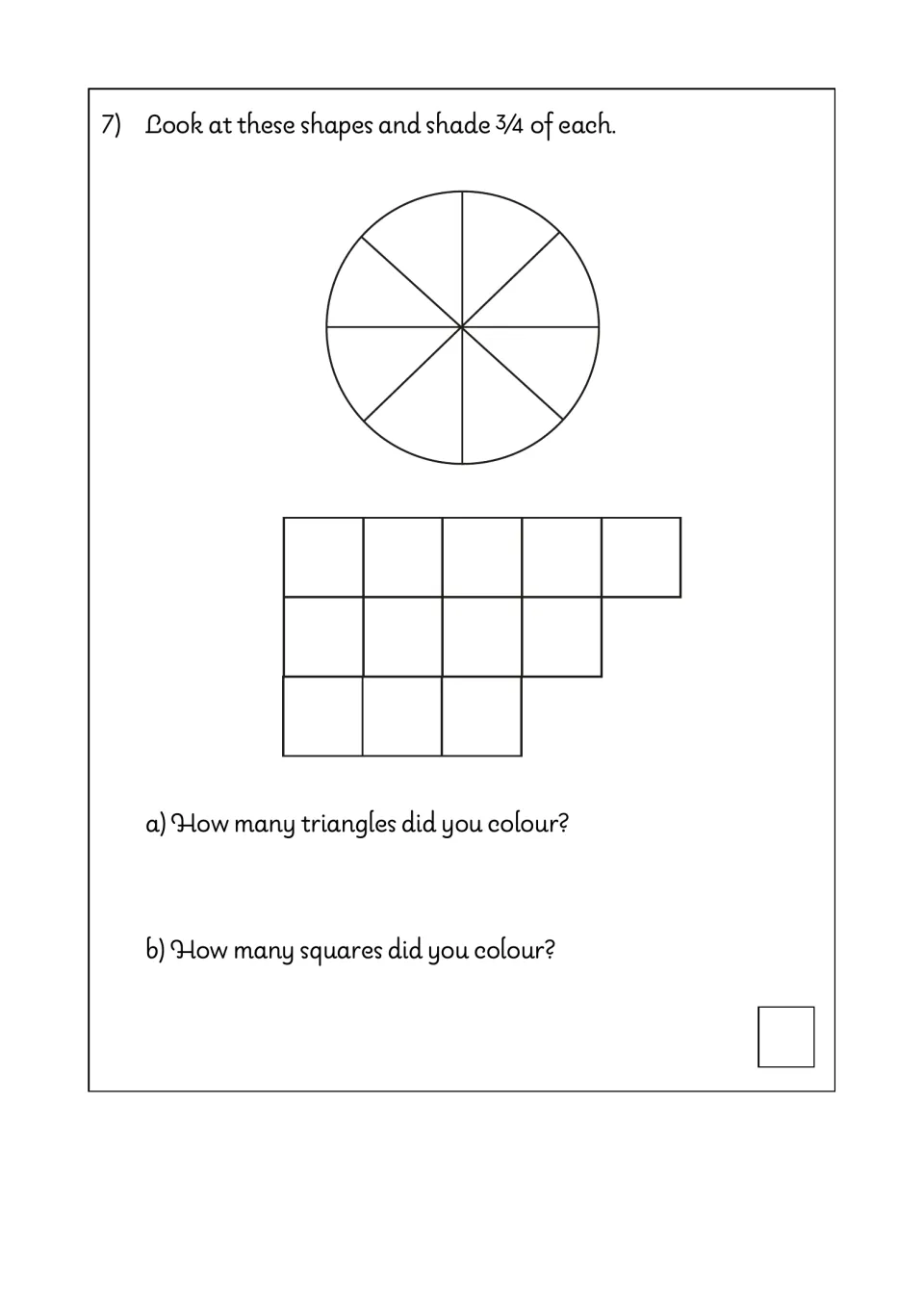 Fractions of shapes: students shade 3/4 of a circle split into 8 triangles and of 12 squares, then count the parts coloured
