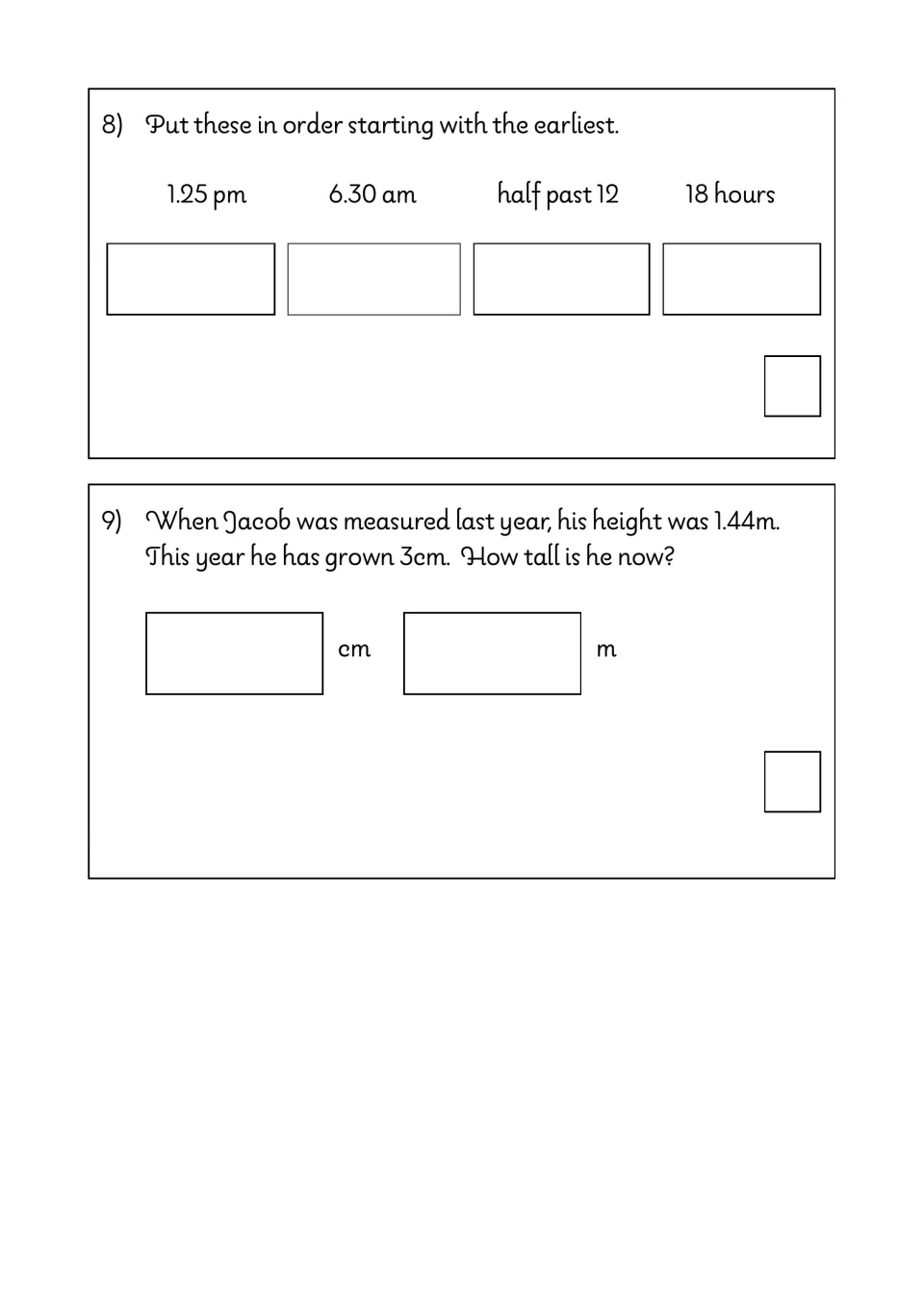 Ordering times and converting length: students order 1.25 pm, 6.30 am, half past 12 and 18 hours, then find a new height