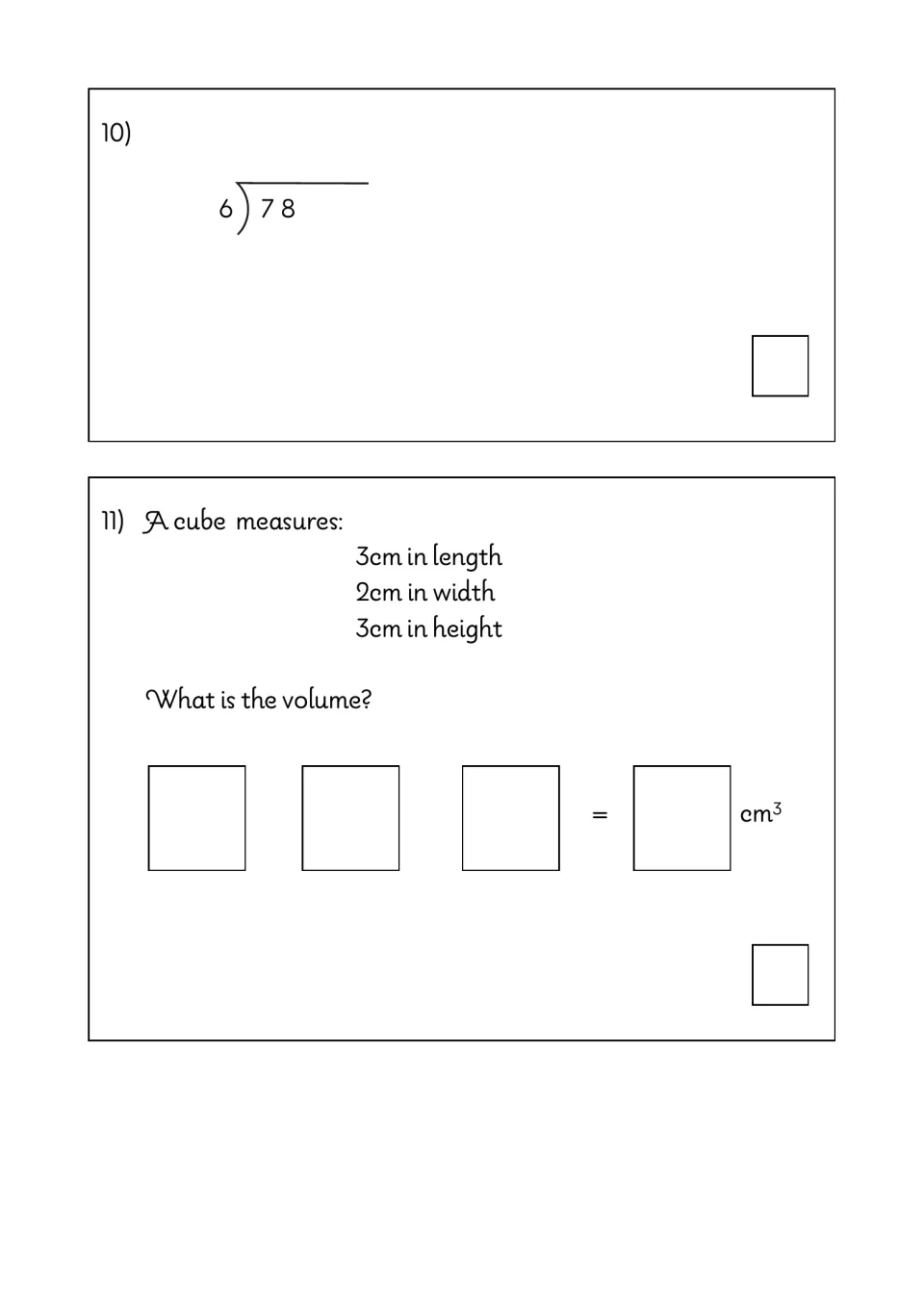 Division and volume: students divide 78 by 6, then find the volume of a shape 3cm long, 2cm wide and 3cm high in cm3