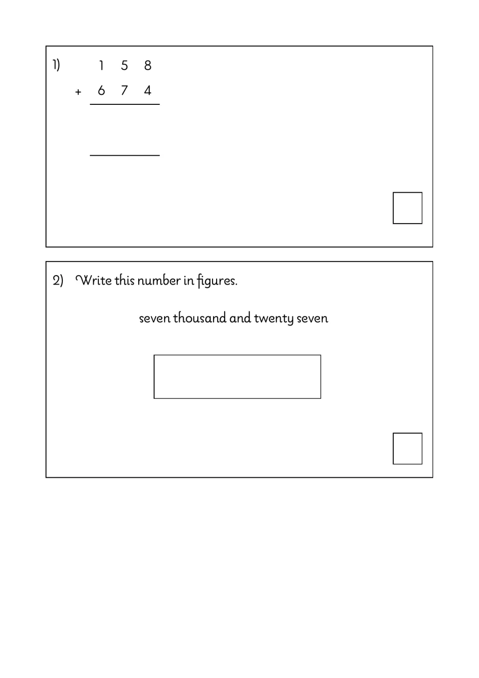 Math test questions 1–2 ask students to add 158 + 674 and write seven thousand and twenty-seven in figures