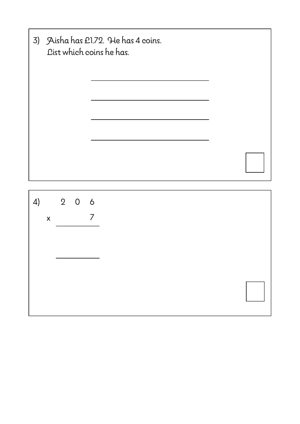 Math test questions 3–4 ask students to identify four coins totaling £1.72 and multiply 206 by 7