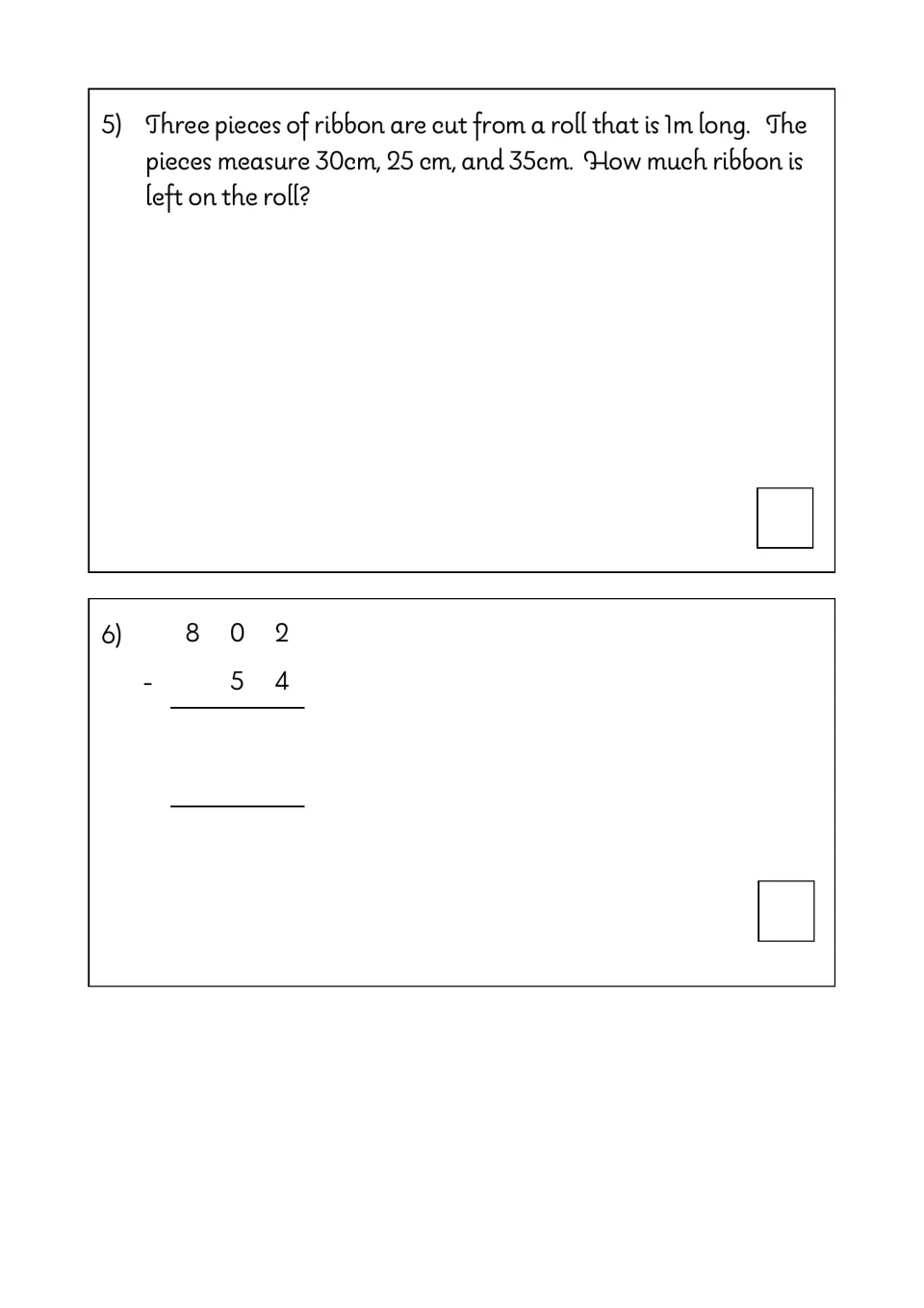 Math test questions 5–6 ask how much of a 1 m ribbon remains after three cuts and require 802 minus 54