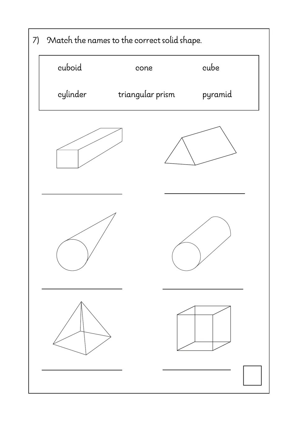 Math test question 7 asks students to match six solid shapes to names, including cuboid and triangular prism