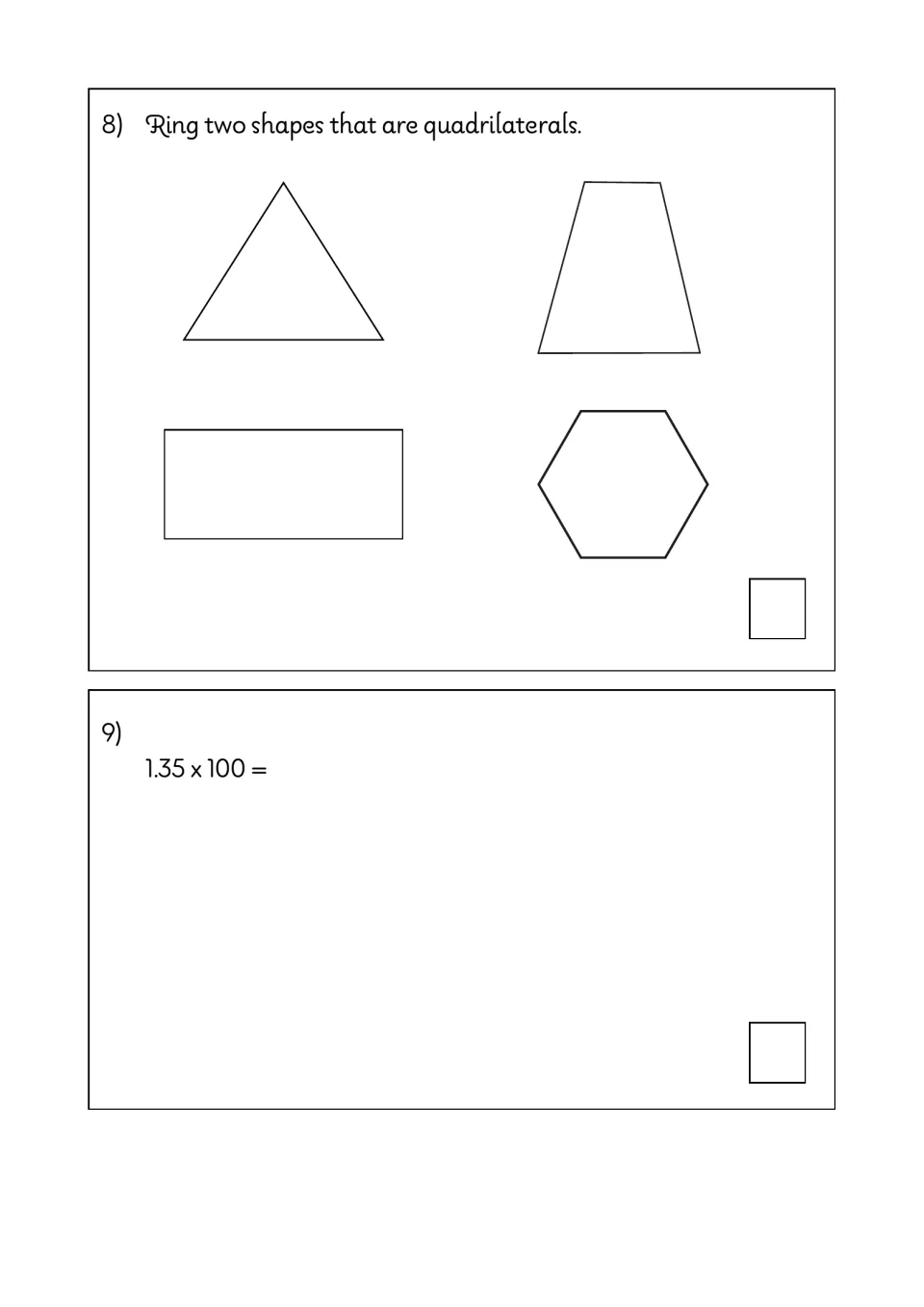 Math test questions 8–9 ask students to circle two quadrilaterals among four shapes and calculate 1.35 × 100