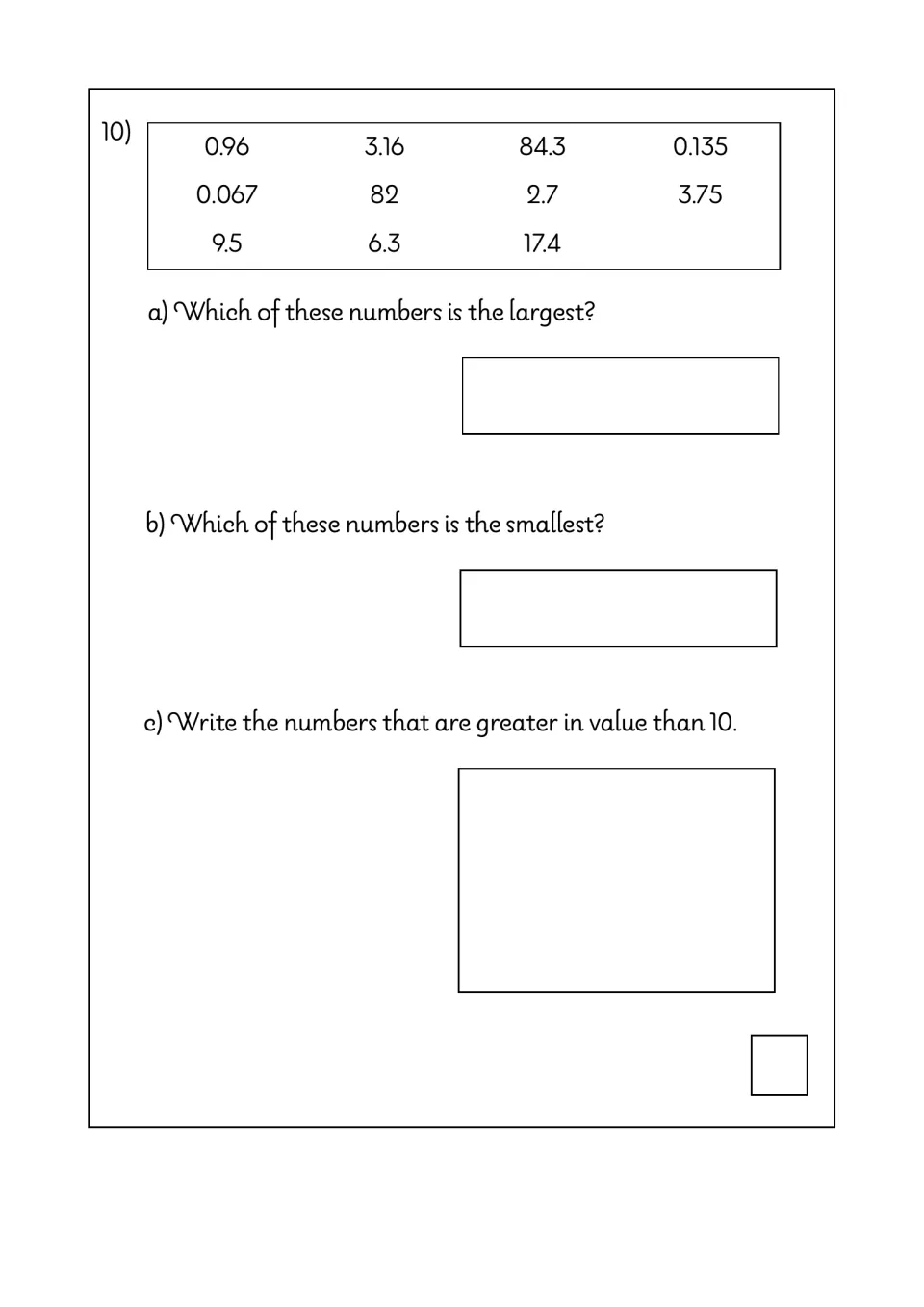 Math test question 10 asks students to find the largest and smallest of 11 numbers and those greater than 10
