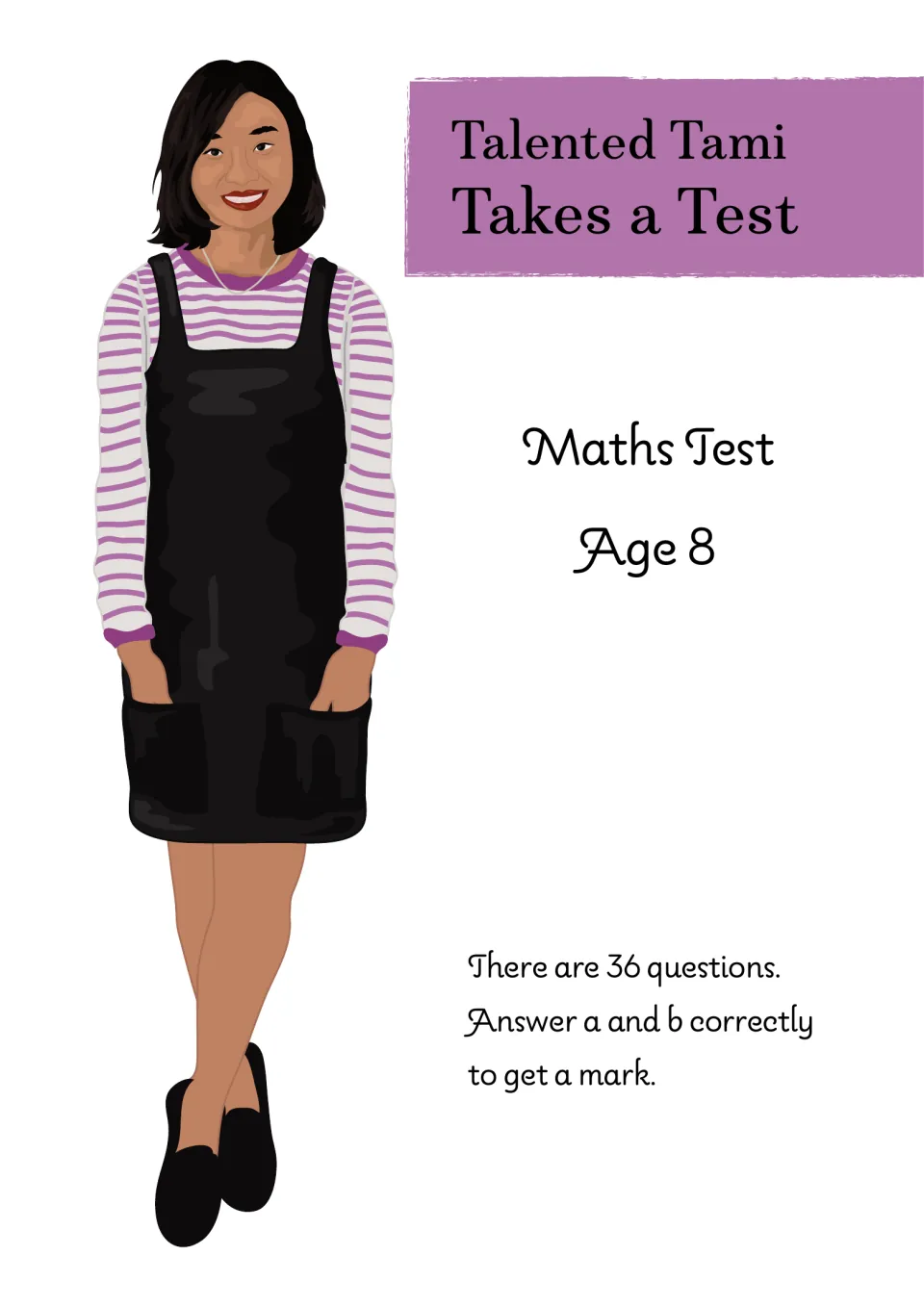 Math test cover for age 8, titled 'Talented Tami Takes a Test,' stating 36 questions and scoring directions