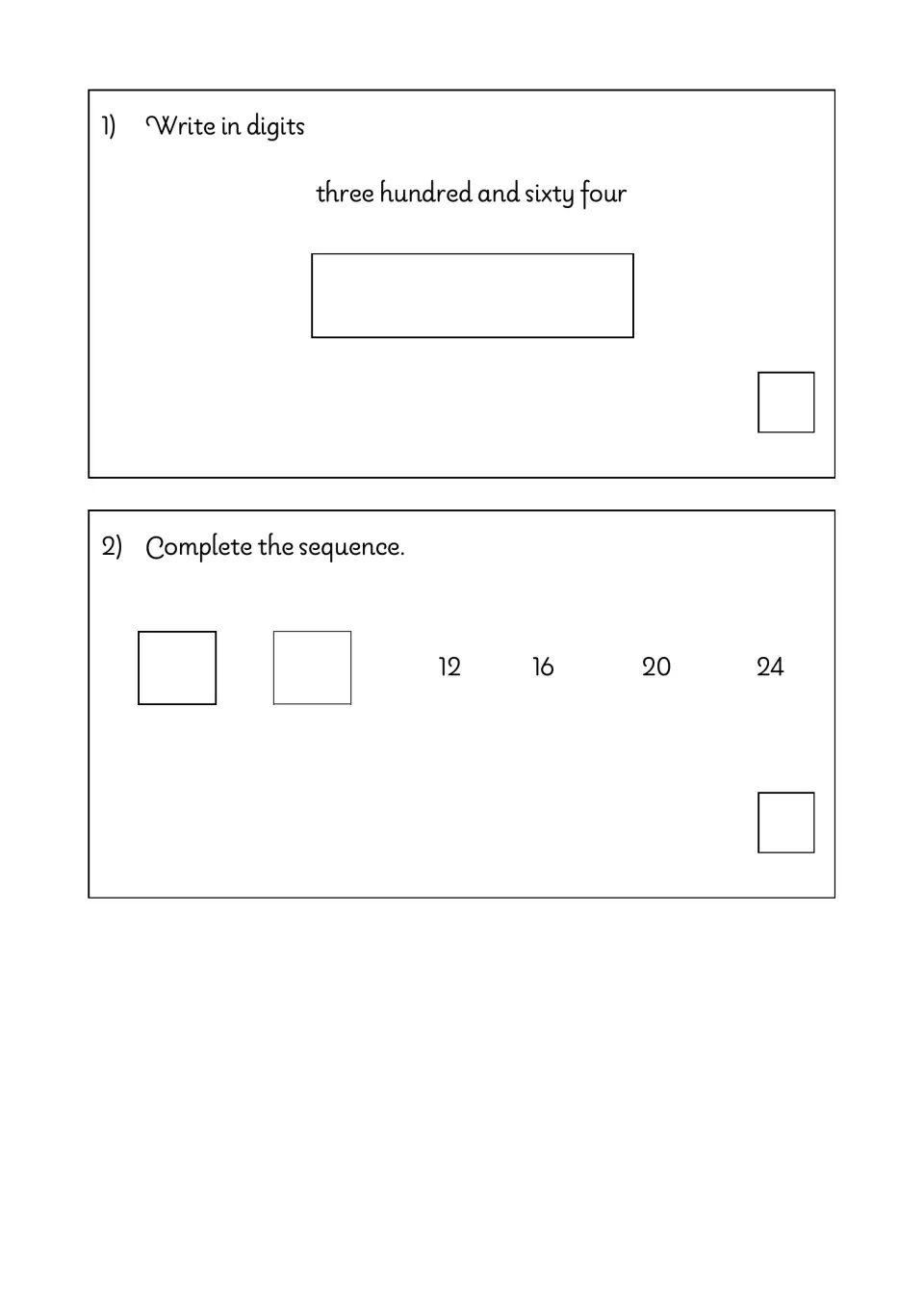 Math test questions 1–2: write three hundred sixty-four in digits and complete a sequence ending 12, 16, 20, 24